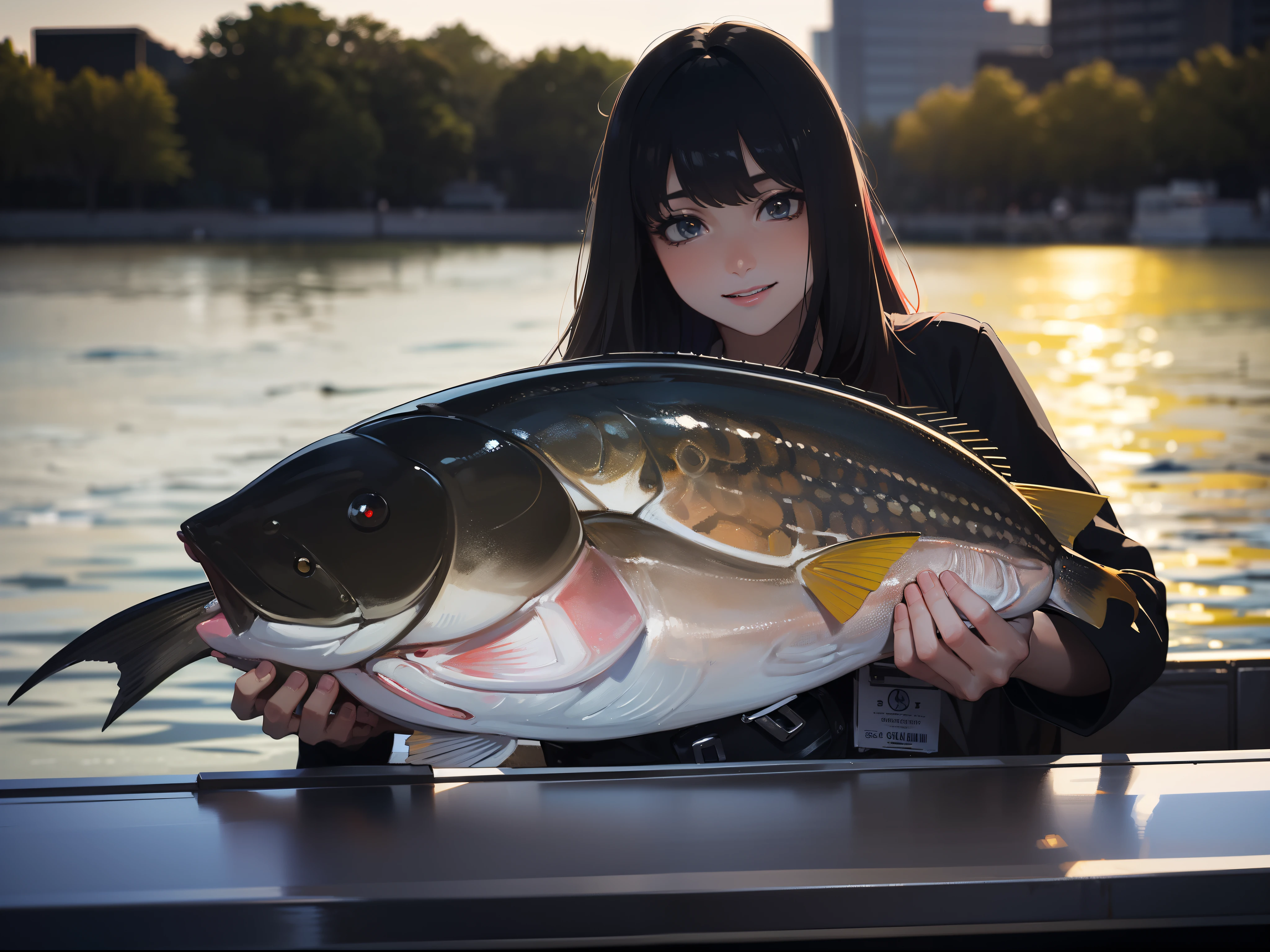 ((((Catch a big black bass by the lakeside:1.5)))),((1 Female 22 years old))((Best Quality, masterpiece :1.5)),(((Hands with the correct number and structure of fingers:1.4))),hight resolution,ultra-detailliert,​masterpiece,best qualtiy,,Black hair, long eyeslashes, Solid Circle Eyes, Smiling Woman, drop shadow, Atmospheric perspective,Super Detail, ccurate, small brest,(Black jacket :1.1),top-quality, blurry backround, bokeh dof:1.2, (​masterpiece:1.3),  Atmospheric perspective,Super Detail,dynamic compositions