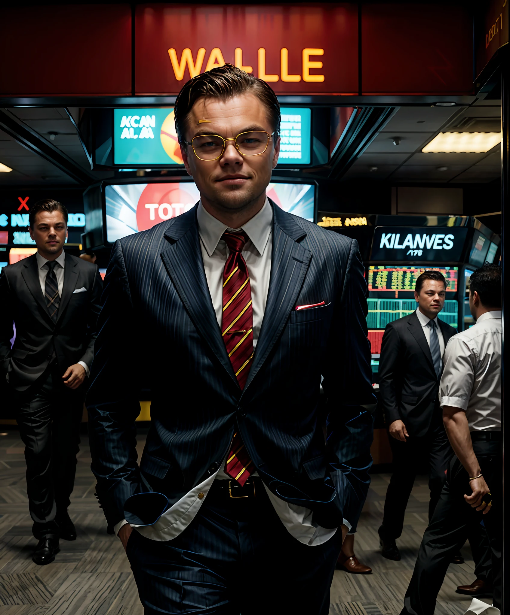 Leonardo DiCaprio immerses himself in the role of Jordan Belfort in "The Wolf of Wall Street." He stands confidently on the bustling trading floor, surrounded by energetic brokers in a sea of chaos. His tailored suit exudes power and extravagance, while his charismatic smile draws others into his orbit. Neon signs and digital screens illuminate the fast-paced environment, reflecting the highs and lows of the stock market. Captured by renowned photographer Steven Klein, using a RED DSMC2 with a cinema lens, the lighting is a mix of vibrant neon lights and dynamic studio lighting, encapsulating the film's electric energy.