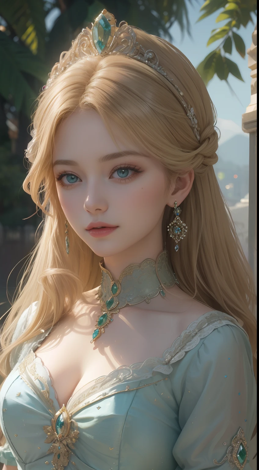 tmasterpiece,Highest image quality,Beautiful bust of a royal lady,Delicate blonde hairstyle,Green eyes,Embellished with a dazzling array of intricate jewelry,super detailing,upscaled。