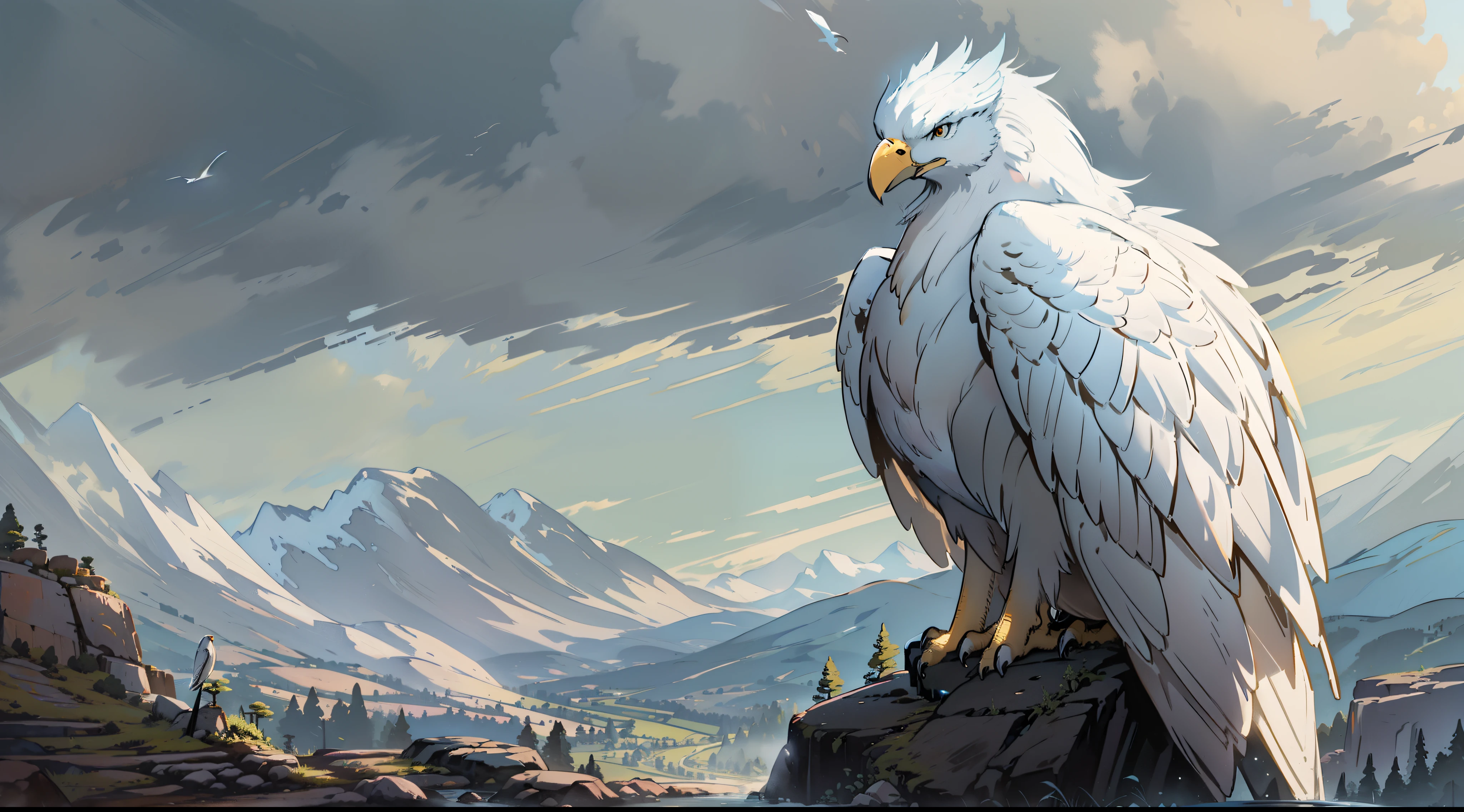 "Close-up, Beautiful and majestic 1 big white eagle with a magical elongated tail perched on a rocky outcrop, gazing towards the dirty road at the bottom of the valley"