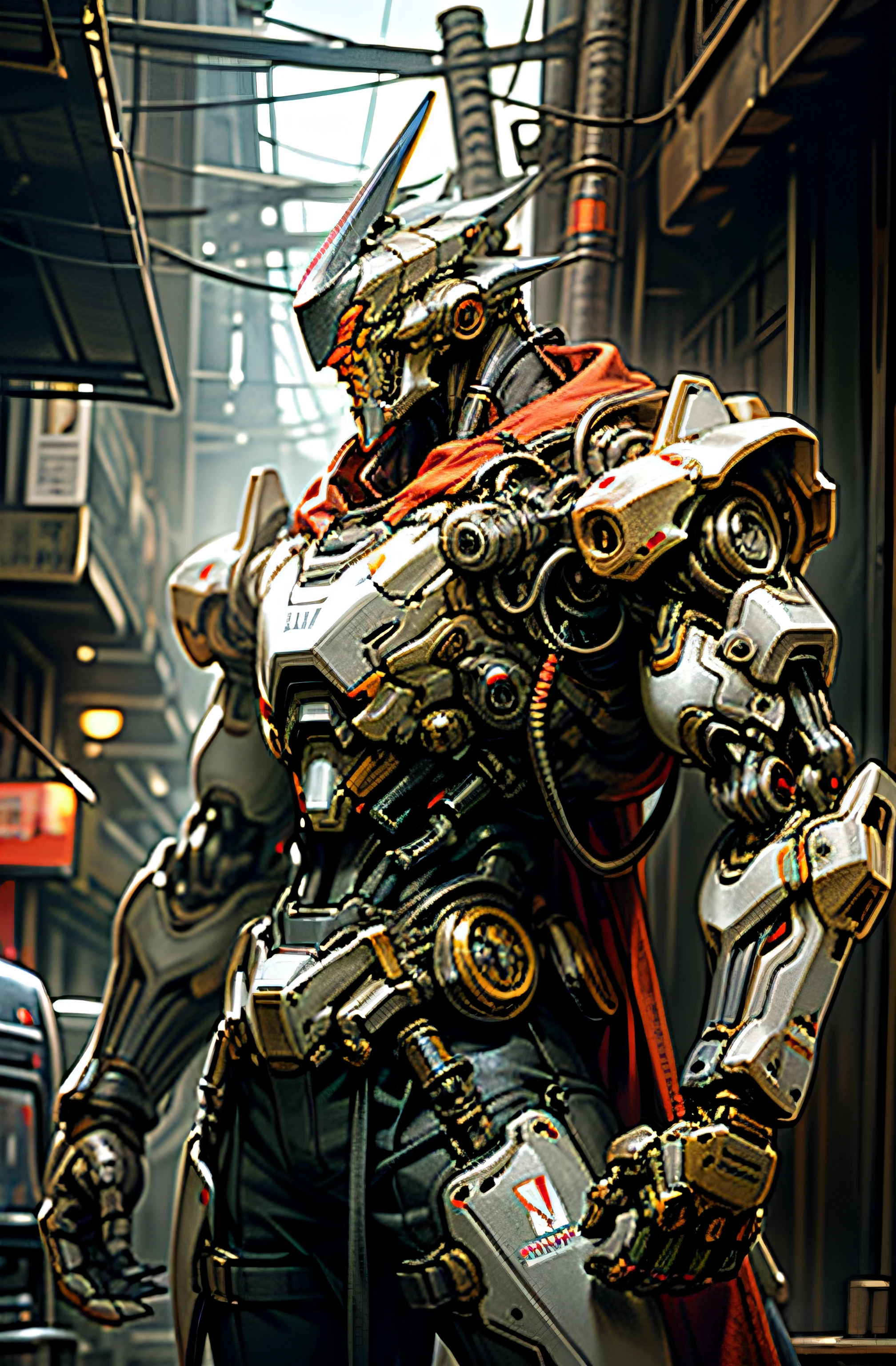 Dark_Fantasy,Cyberpunk,(chain saw,chain saw man,Red:1.1),1man,Mechanical marvel,Robotic presence,Cybernetic guardian, wearing a worn-out mech suit, intricate, (steel metal [rusty]), elegant, clear focus, shot by greg rutkowski, soft lighting, vibrant colors, masterpiece, ((street)), cowboy shot, dynamic pose,