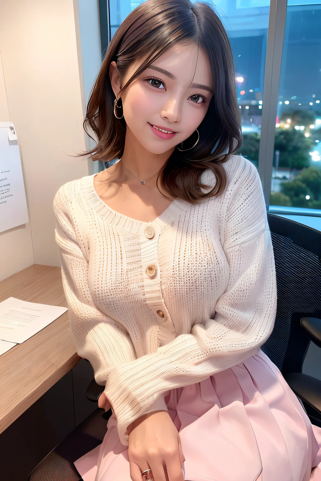(masterpiece:1.3), high resolution, ultra detailed, extremely detailed CG unity 8k wallpaper, realistic, photo-realistic, RAW photo, beautiful detailed face, pale skin, realistic glistening skin, detailed cloth texture, detailed hair texture, Perfect body, Beautiful Face, accurate, Anatomically correct, Highly detailed face and skin texture, natural neck length, (beautiful hands), (fair skin:1.2), Thin legs, Thin feet,
BREAK,
Detailed eyes, symmetric eyes, Light Brown eyes, Double eyelids, Thin eyebrows, (Glossy lips:1.4), ((gently smile:1.2)), (blush:1.1),
BREAK,
(A Classy and Cute girl:1.3), (wearing a classy (white) knit sweater:1.2), ((Light pink) long ruffled skirt:1.2), close the button,
medium large breasts, (slender figure:1.1), firm abs, beautiful clavicle,
(Dark blonde hair, wavy hair, long hair:1.2), ((asymmetrical bangs:1.2)),
BREAK,
((Sitting with leaning against the office chair:1.3)),
((in the stylish office at night:1.4)), (Cowboy shot:1.2), looking at viewer, from above:0.65,