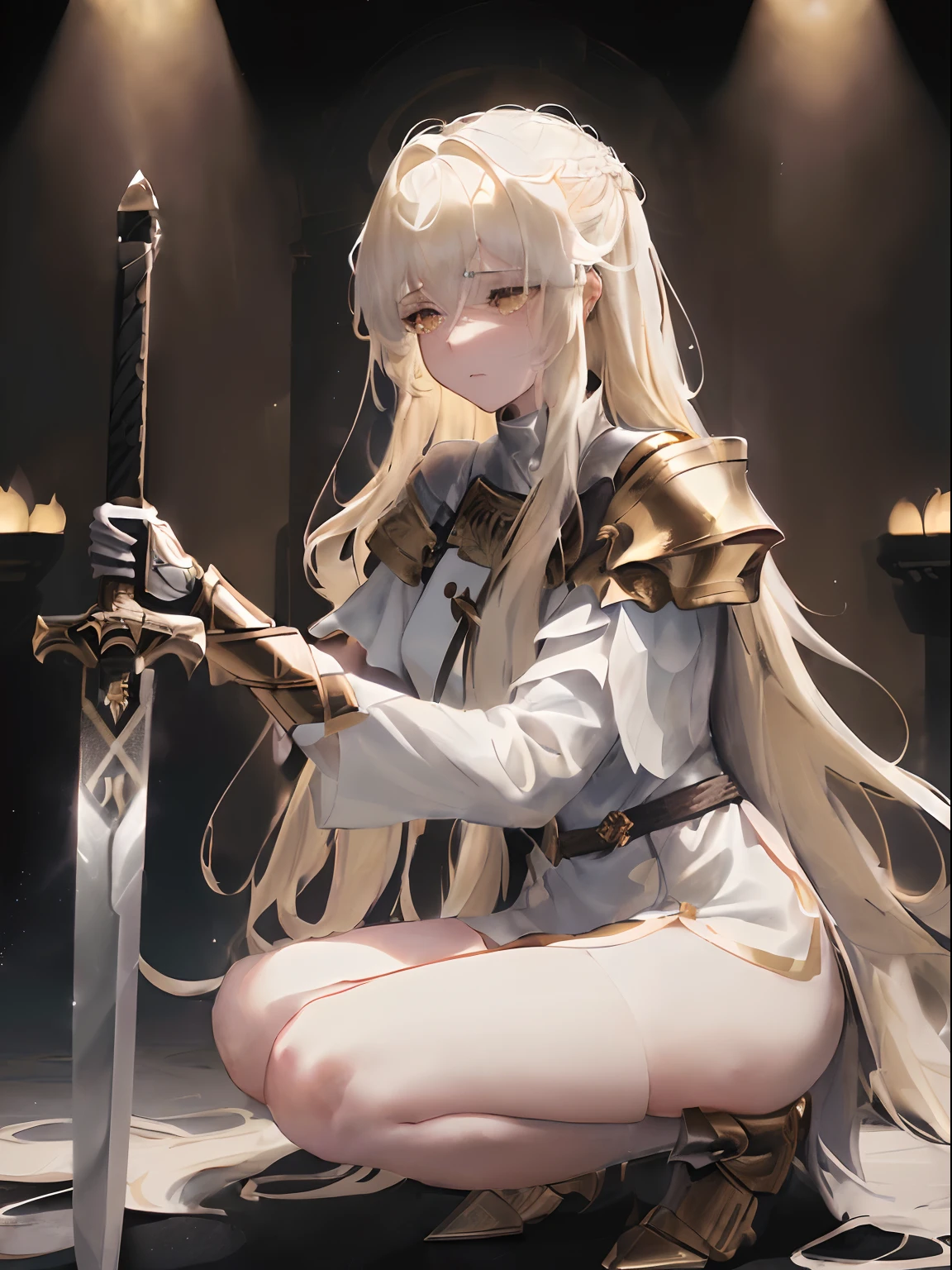 1woman, white long wavy hair, swept bangs, closed ((golden eyes)), tears rolling down eyes, ((calm closed eyed face)), ((sword’s blade on her shoulder like a knight’s oath)), black armor, dark sky, pretty eyes, ((one knee to the ground like a knight’s oath)), ((light shining from the right corner like a spotlight as shadows cover her))