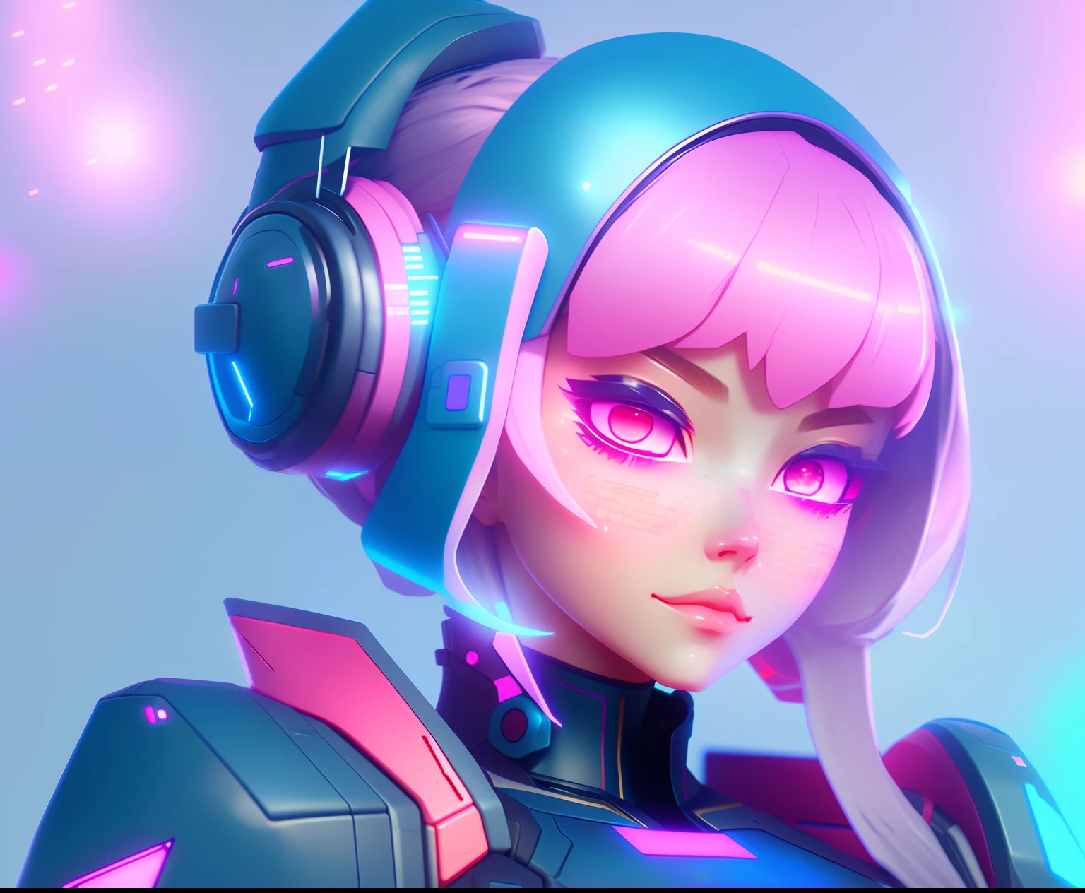 a robotic fantasy girl with robotic face, pink hair style, wearing a white t shirt, happy face and little smile with shining blue color lips, big green eyes, simple purple background, make it for NFT market