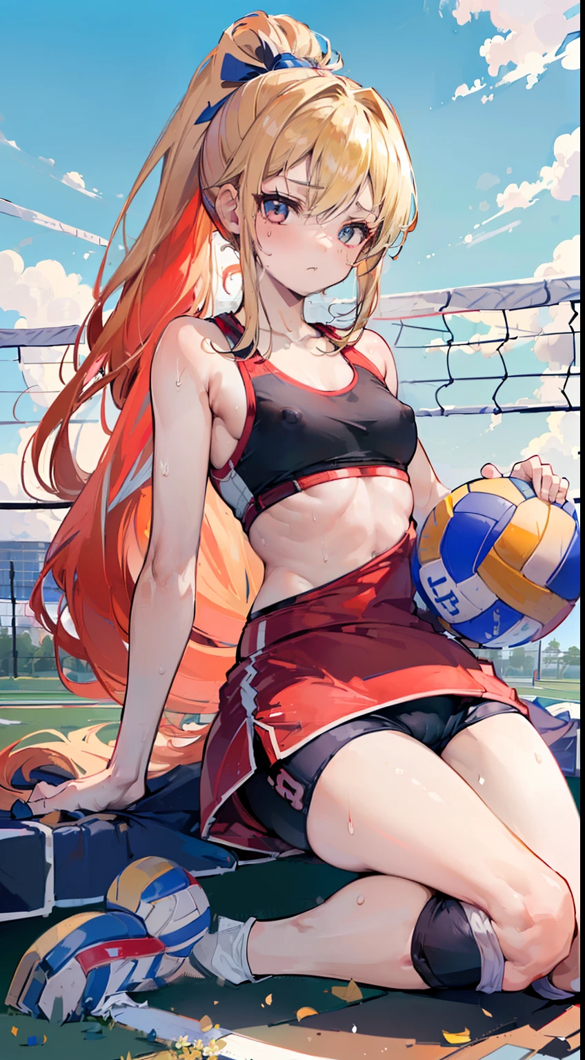 (masterpiece, 4k ,ultra detailed:1.2),(beautiful face:1.2),(anime:1.2),illustration,(solo:1.2),(looking at viewer:1.4),(supermodel:1.3),(volleyball athlete:1.4),(volleyball uniform:1.4),(bike shorts:1.4),(volleyball:1.5),(sweaty skin:1.3),(red and blue hair),(bangs pinned back:1.3),,(absurdly long hair:1.5),(blonde hair:1.3),(ponytail:1.3),(white panties),(string,abs,bouquet,child,small breasts,petite:1.1),(sfw,nipple,flat chest,dress,sports bra:1.5),(cinematic angle),(full body:1.2),(Camel toe:1.3),(volleyball field:1.5)