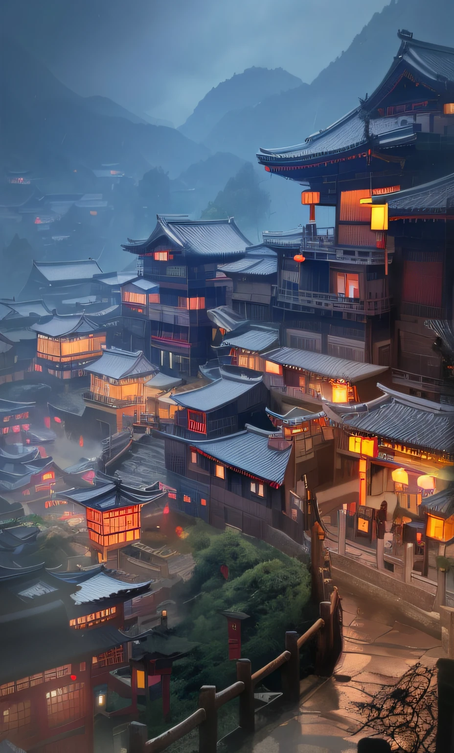 arafed view of a village with a lot of lights on the buildings, dreamy chinese town, chinese village, amazing wallpaper, japanese town, japanese village, hyper realistic photo of a town, old asian village, japanese city, by Raymond Han, rainy evening, cyberpunk chinese ancient castle, beautifully lit buildings, at evening during rain, beautiful and aesthetic, photography, cinematic, 8k, high detailed ((Heavy rain)))