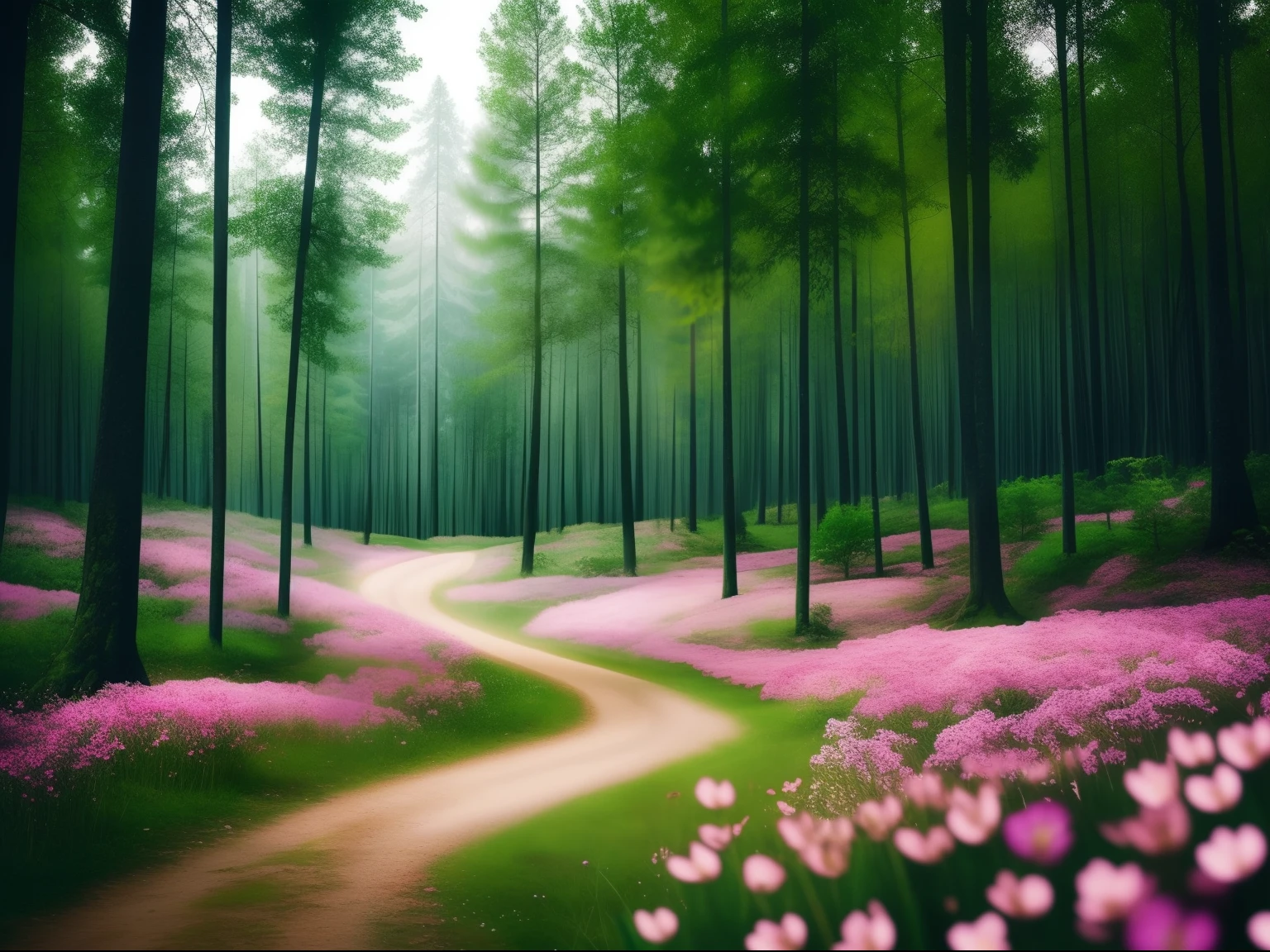 (Image in a forest full of trees and flowers with realistic details, Cool ambient lighting, colores brillantes)
