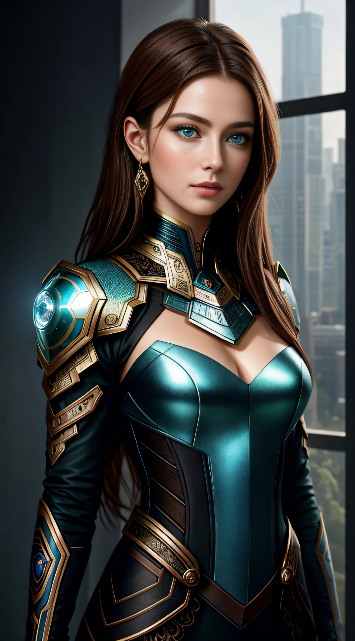 8k portrait of beautiful cyborg with brown hair,iintricate,ellegance,Highly meticulous,captivating blue eyes,A majestic,Digital photography,The artistic germination and art of Ruan Jia and Greg Rutkovsky Surrealist painting lace,brokenglass,(tmasterpiece,Sideslit,exquisite and beautiful eyes:1.2 ), Human Development Report,