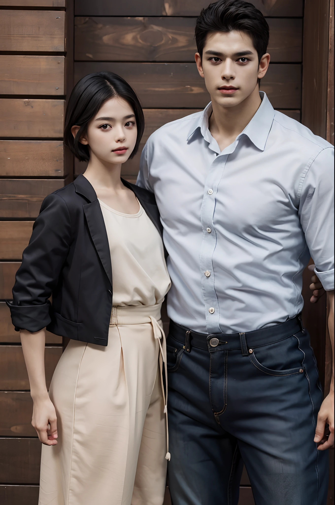 A man and aBaby gir, Baby girl standing next to a man, This little girl is 10 years old, Good-looking muscles, Wide shoulders, Naked men exposed, nakeness, men's black hair, Short hair, nakeness, Tall figure, Robust muscles, cowboy shot, Anatomically correct