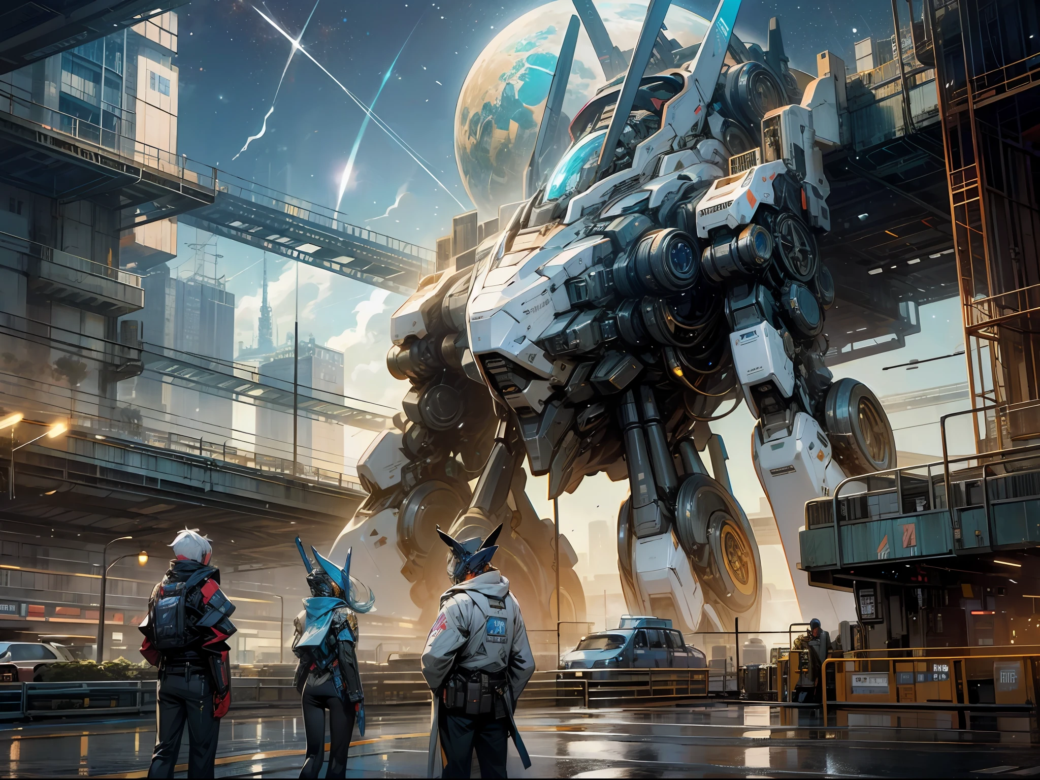 (Surreal sci-fi city,Huge futuristic mechanical building,magnificent complex,The starry sky spreads overhead,Mechs roam the city,roam freely)。
