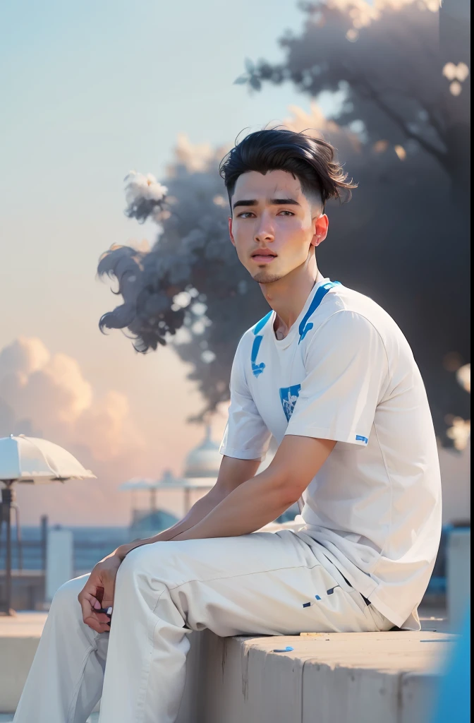 (masterpiece:1.2), (best quality:1.2), t-shirt ((color: white)), blue sky background, face ((4k quality; no Noise)) hair ((danish zehen; white))
