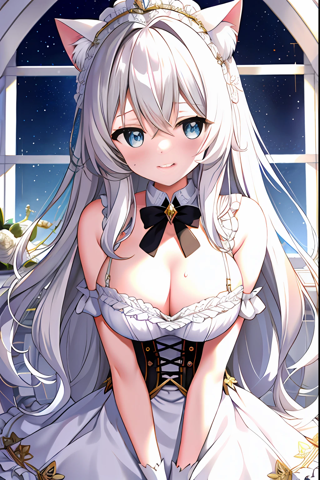 ((tmasterpiece)),((best qualtiy)),(ultra - detailed),(illustratio),((Extremely refined and beautiful)),(dynamic angle),
1girll, florals, springtime, beside the window, rosette, Very long hair, 详细的脸, long eyelasher, flowers in the eyes, , Big breasts corset, head gear, A princess,(Low sweetness:1.4 realistic,1个Giant Breast Girl,Full body photo of the girl,rut,Long white hair,cat ear,Jewel-colored eyes,Starry eyes,The lips are separated from the white teeth,The girl foamed at the mouth and spat out,Full-body convulsions,with a good figure,Slim waist,Shy movements,exhale,Shy,The girl's legs were apart,Leaning back,Keep your hands on the ground,Stick out her tongue,Spray white liquid,Sweat was soaked from the body,There is only a transparent white bra and transparent white thongs on the body,Ragged white panties,There is a faint blush on the face, Big chest,The chest is very white,The belly is also very white,Barefoot,Cute little face,Sapphire eyes, looking at viewert