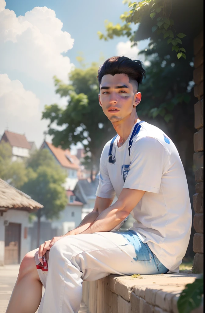 (masterpiece:1.2), (best quality:1.2), t-shirt ((color: white)), blue sky background, face ((4k quality; no Noise)) hair ((danish zehen; white))