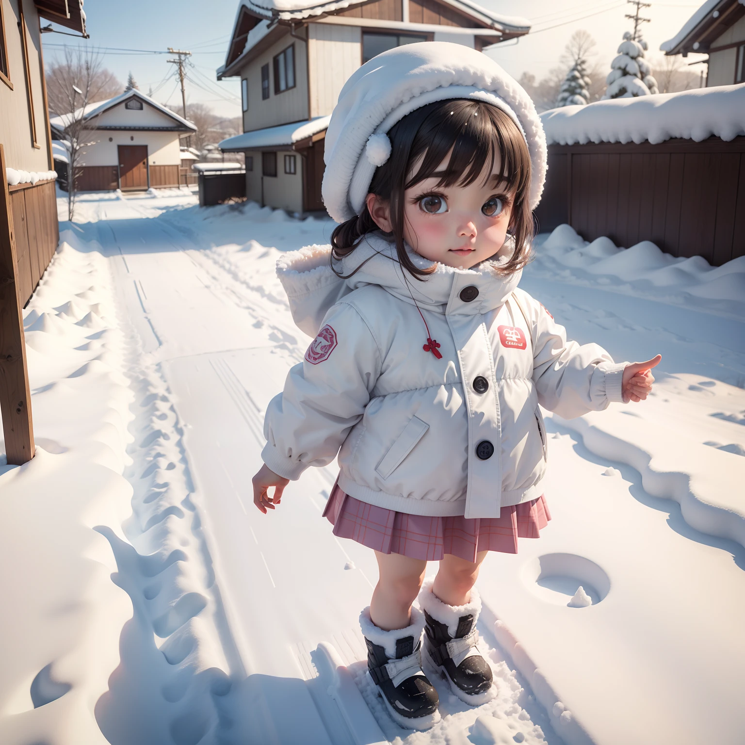 On the snow,1 cute big head 3D girl,Wearing a marshmallow-like skirt,White snow boots,The background is a Japanese-style house,Ultra HD details,brightly,Neat,CG rendering ar9:16
