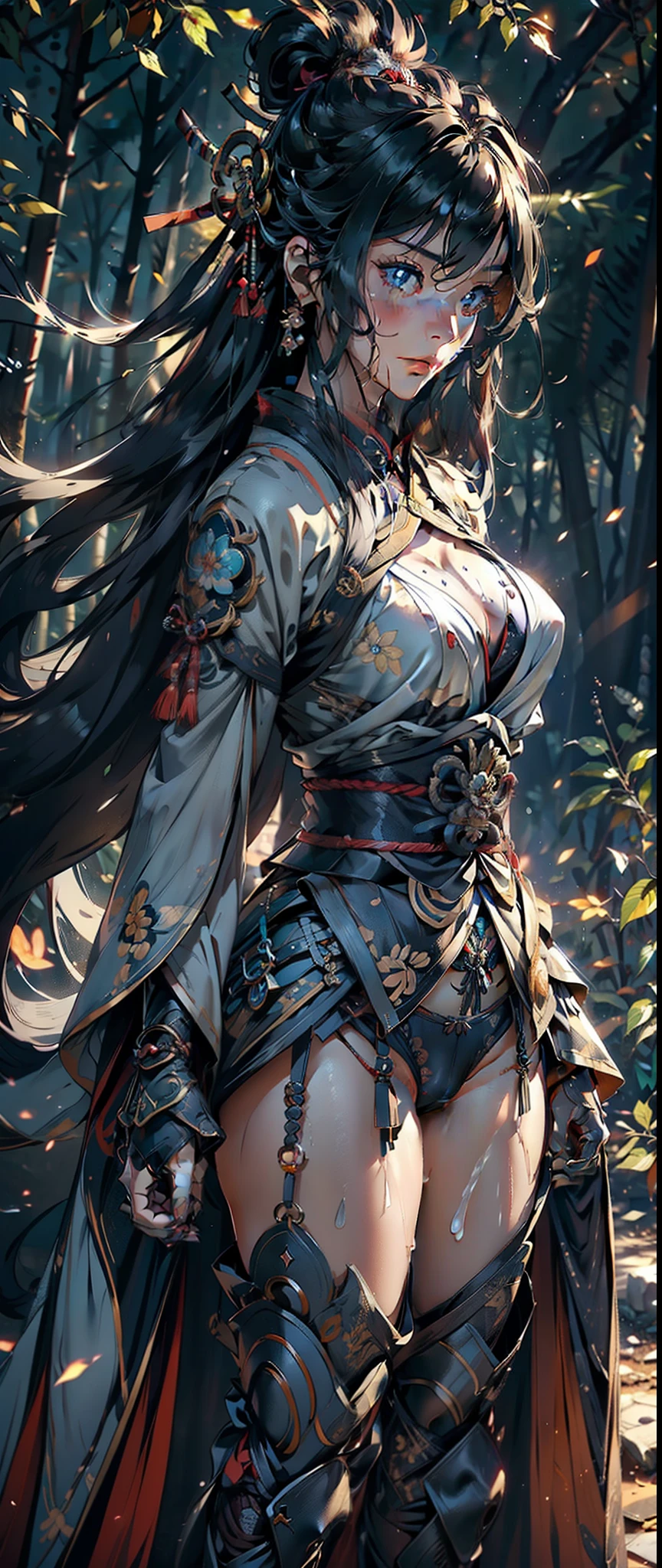 1female，35yo，Huge breasts， 独奏， Samurai of Japan，is dressed in armor， Pornographic exposure，ln the forest，  She has long flowing black hair， Bare genitalia，Sateen，Bigchest， From the front side， Wet straight hair， Sweating profusely，mostly cloudy sky，（tmasterpiece），（Very detailed CG unity 8K wallpaper），best qualtiy，cinmatic lighting，detailed back ground，beatiful detailed eyes，Bright pupils，（Very fine and beautiful），（Beautiful and detailed eye description），ultra - detailed，facing at camera，A high resolution，ultra - detailed），Very long hair，standing on your feet，Emotive expressions，Open-mouthed，Chest sagging，nakeness， Expose the genitals，revealing breasts，Camel toes，with no underpants，extremely large bosom，Extremely colorful，Most detailed，fully body photo，The face is well lit