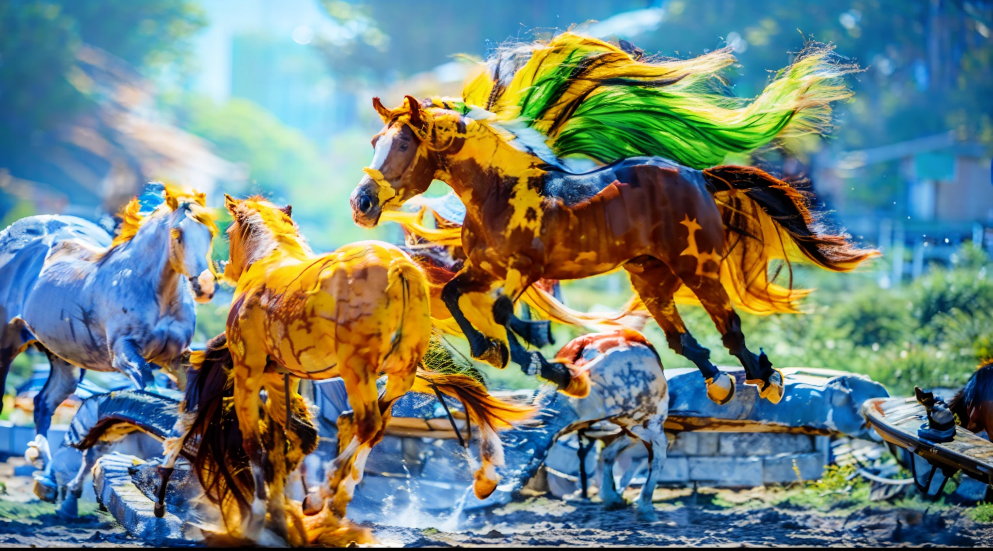 8horses,Ultra-grand scenes,super wide shot,1#cavalos,2#cavalos,3#cavalos,4#cavalos,5#cavalos,6#cavalos,7#cavalos,8#cavalos。Eight extremely special and rare horses surround each other,A large herd of horses galloped ahead,Gallop across the steppe like a clock。The vast plains of the epic scene are rich in aquatic plants,In the distance is the snow-capped summit of Mount Everest,Snow creek flows into the sea,At the other end is the magnificent giant city,The horse team entered and exited from the direction of the city gate。The first is the Light Casting Pegasus from the Supreme Heaven, which has a rainbow aperture from the Supreme Heaven,She rides between light and pure,No additional ornaments are needed to highlight her dignity and holiness,Even the sky showed her a clear sky,She has a deep enmity with the nightmare heavy ride from hell,The two never put their heads next to each other。Surrounded by sulphurous flames, the Hellmare Heavy Ride makes every time a horse's hooves fall, stepping flat grass out of the lava from the ground。The sky of the steppe is brighter because of the rainbow,And lava makes the earth deeper。The wind wings of the wind elf horse let its position be erratic,She carries a cyan aperture lightly and always can't help but tease the mechanical horse。The mechanical horse is full of mecha beauty,The shoulder back position always reveals delicate mechanical fittings,Four kicks with a hydraulic pump and electromagnetic ejection device。Unicorns want to steal all the horses' limelight with their pure and flawless beauty,Her unicorn flashed with the power of thunder。But on the side, the fairy dragon horse is comparing with it,The fairy dragon is full of small stars shining with magical brilliance。Their unique elven-patterned armor and colorful saddles make them the most stylish horses。The female knight is charging on her knightly warhorse,Her lofty ideals made her will unstoppable,There is no doubt that she is the protagonist of this picture。And a chaotic