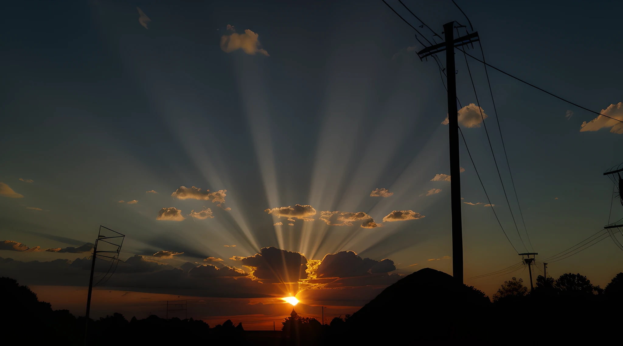 Enjoy the sunset with poles and wires, with backdrop of god rays, sun rays at sunset, it is sunset, suns rays, Sunset photo, sun setting in the background, sun streaming in, sunrays from the left, the sun up on the sky is strong, late sunset, sunbeams at sunset, sunshaft