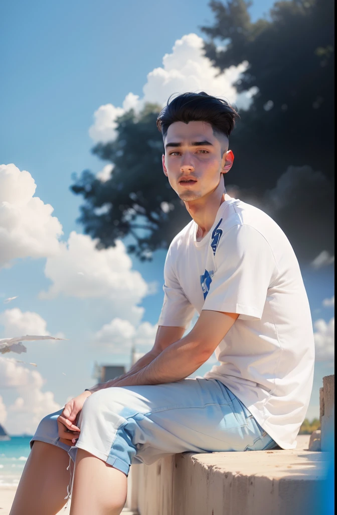 (masterpiece:1.2), (best quality:1.2),  t-shirt ((color: white)), blue sky background, face ((4k quality; no Noise)) hair ((danish zehen; white))
