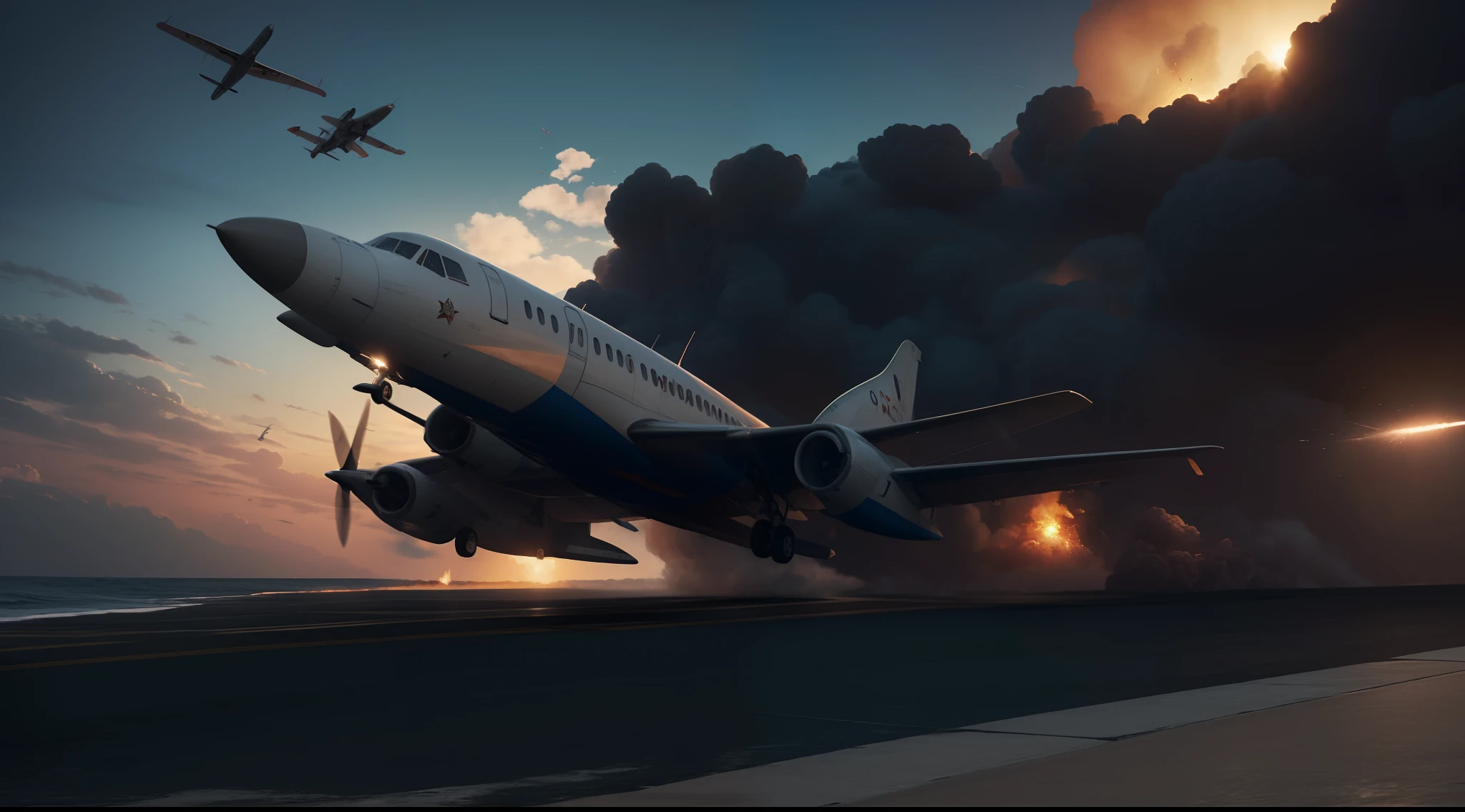 ARAFLANE plane with fire and smoke coming out of it, planes bombing the beach, cg arte, turbulence, plane, Crash, Detritos voadores, aeronave, foto ainda, strafing attack plane, Debris flying around, Airplane in the sky, plane, plane, Cruise missile attacks, Planes, CG Efeito Especial, Directed by: Bernardino Mei, um hiper realista