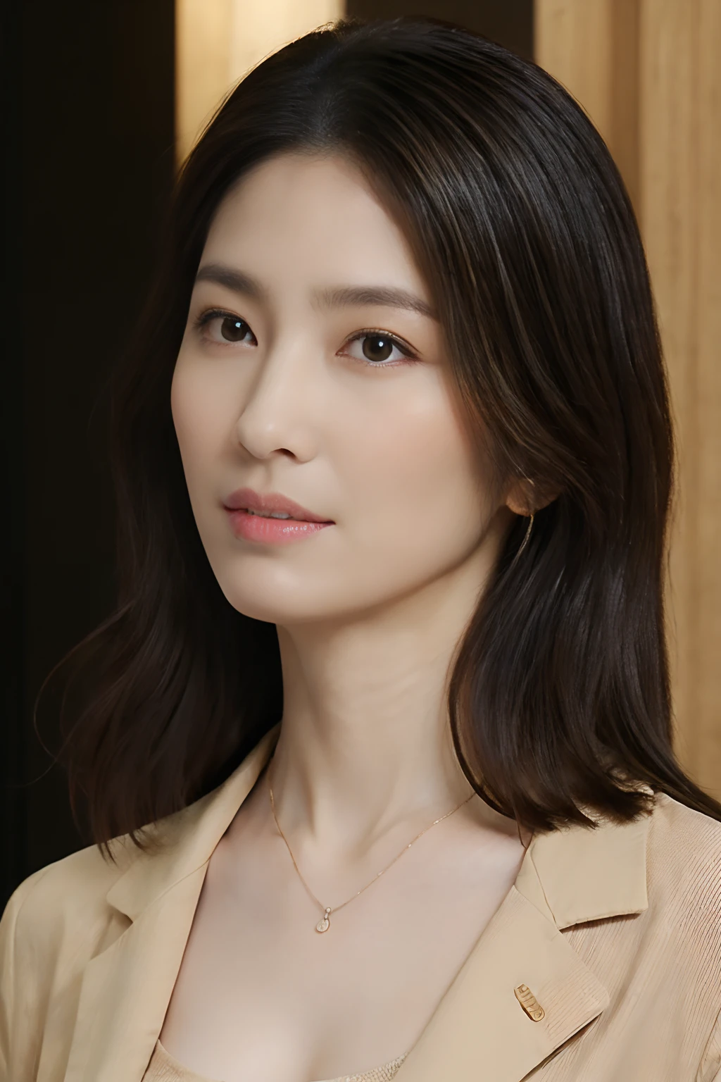 (masuter piece:1.3)、(in 8K、Photorealsitic、Raw photography、top-quality: 1.4)、(1girl in)、beautiful countenance、(Lifelike face)、(A dark-haired、Long- :1.3)、Beautiful hairstyle、realisticeyes、Beautiful details、(real looking skin)、Beautiful skins、(Beige long-sleeved jacket、Glossy black camisole)、absurderes、enticing、超A high resolution、A hyper-realistic、high-detail、