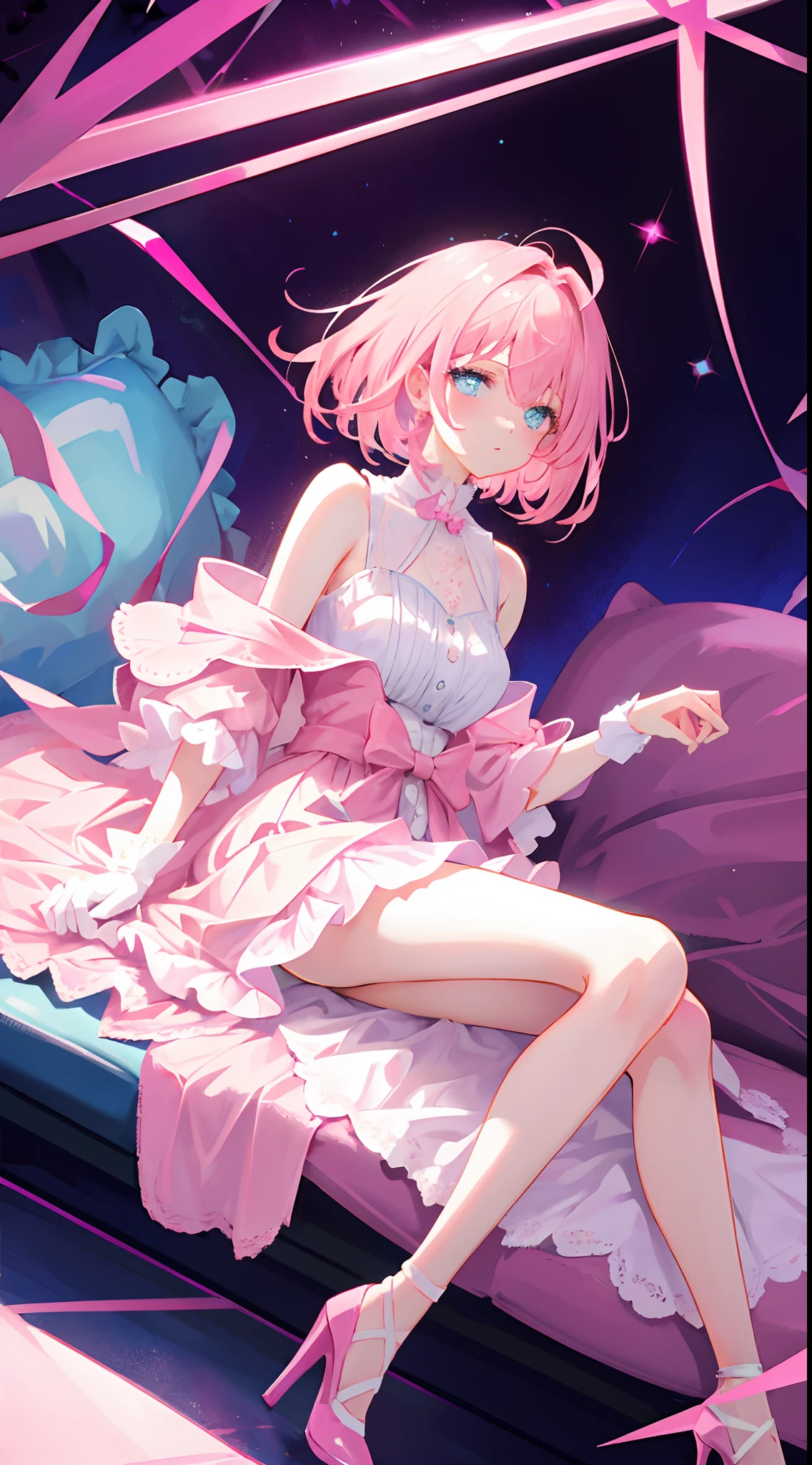 Pink-haired girl，short detailed hair，Pink transparent maxi dress，high-heels，whitegloves，Reveals pink panties，Be red in the face，high and cold，Lift the skirt，Erlang legs，Lie on your side on the sofa