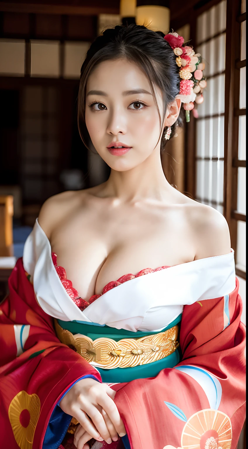 Nsfw, ulzzang-6500-v1.1, (Raw photo: 1.2), (Photorealistic: 1.4), beautiful detailed girl, very detailed eyes and face, beautiful detailed eyes, ridiculous, incredibly ridiculous, huge file size, super detailed, high resolution, very detailed, highest quality, masterpiece, (kimono), oiran illustration, highly detailed, cg, unification, 8k wallpaper, amazing, Fine details, masterpiece, top quality, highly detailed CG unified 8k wallpaper, face light, movie lighting, 1 girl, kimono, Japan, (wearing kimono), cleavage, (without panties), (dynamic pose), (kimono with Japanese pattern), (half)