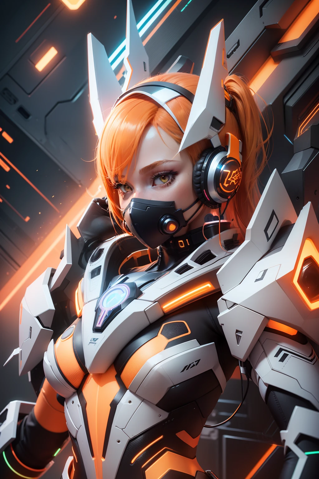 3d, background detail, body neon detail, headphones, female, slim body, cute face, beautiful face, crown, orange hair, orange neon body, complect detail, red neon body, blue neon body, yellow neon body, detail background, neon background, high detail, microphone, fentilation mouth mask,