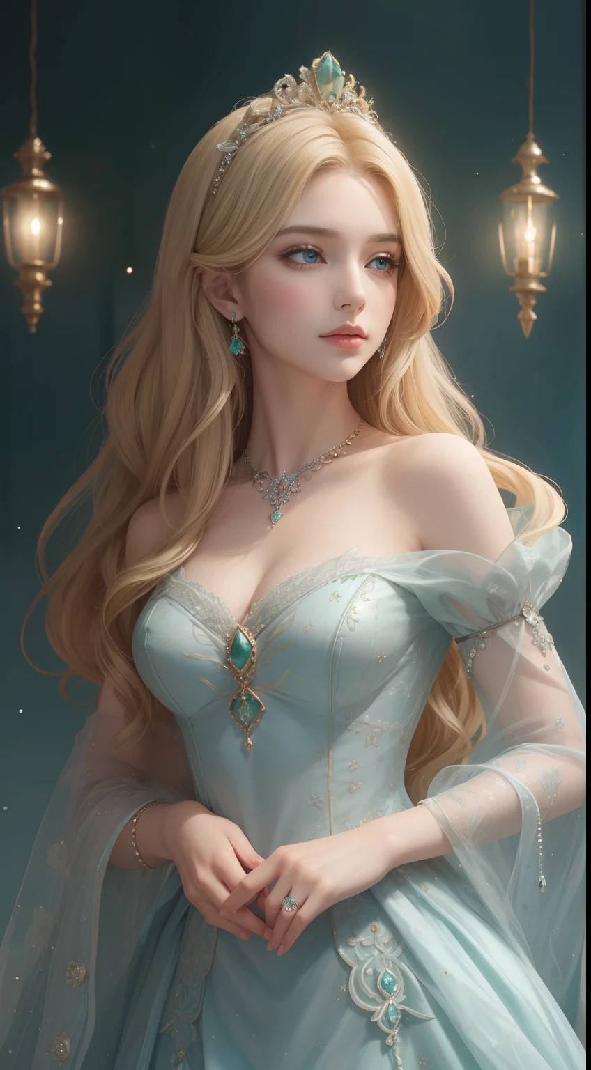 tmasterpiece，Highest image quality，Beautiful bust of a royal lady，Delicate blonde hairstyle，Emerald eyes clear，Embellished with a dazzling array of intricate jewelry，super detailing，upscaled。