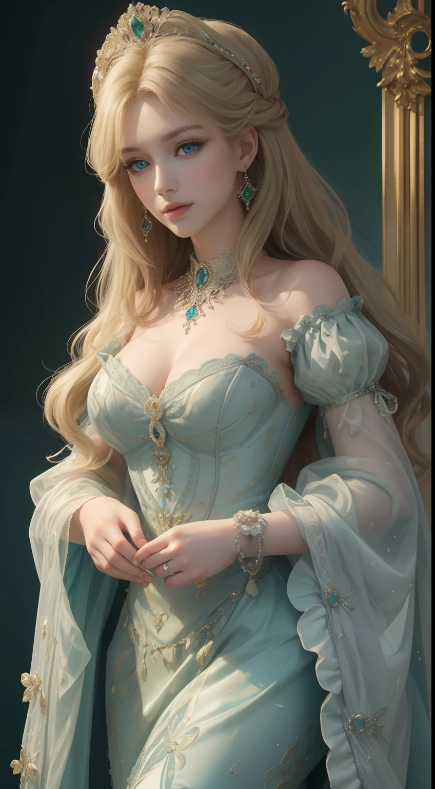 tmasterpiece,Highest image quality,Beautiful bust of a royal lady,Delicate blonde hairstyle,Emerald eyes clear,Embellished with a dazzling array of intricate jewelry,super detailing,upscaled。