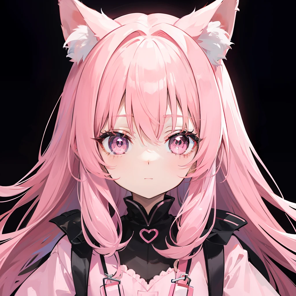 She wears long dark pink hair,Has dark pink fox ears,The face is relatively large,Black pupils,Wear a matching of pink and white clothes,It's a very cute girl