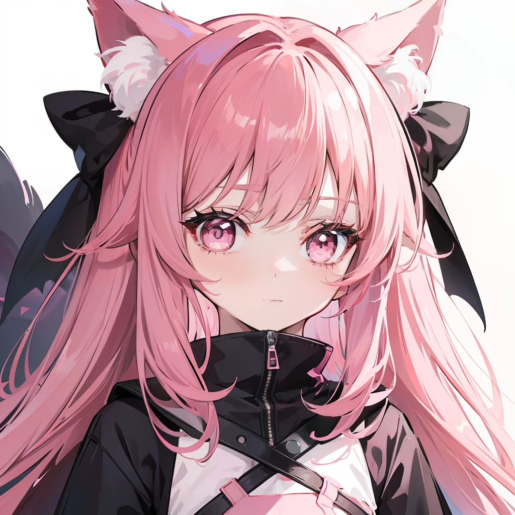 She wears long dark pink hair，Has dark pink fox ears，The face is relatively large，Black pupils，Wear a matching of pink and white clothes，It's a very cute  girl