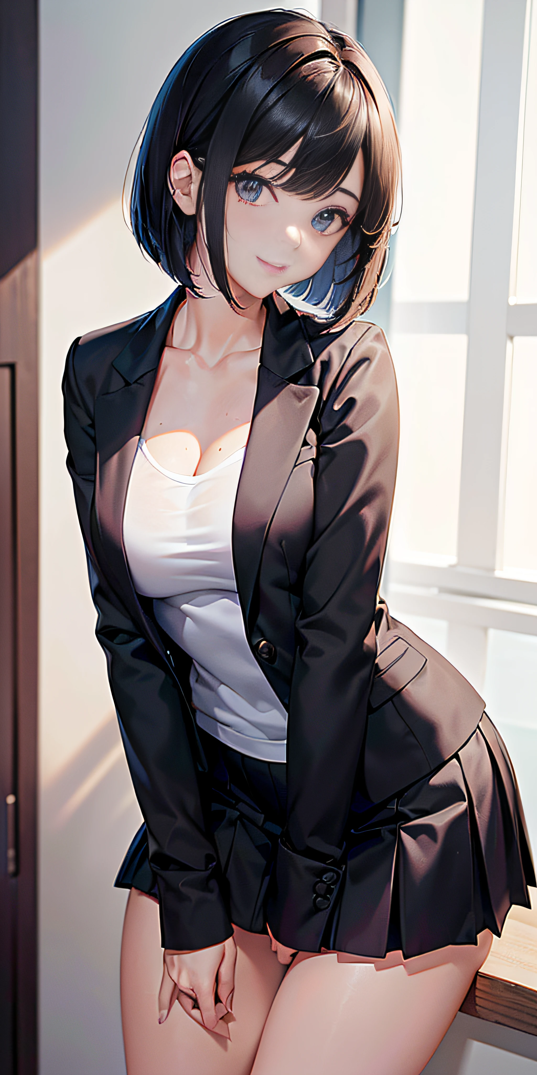 anime, estilo anime de mujer realista, (aegyo sal: 1), 18 years old girl, (blazer gris, cinta, minifalda plegada, calcetines, uniforme de escuela privada: 1.2), aula de secundaria, hermoso detalle en los ojos, luz en la cara, ((foto de cuerpo completo: 1.2)), luz especialmente fuerte, (ojos superiores, sonrisa sonriente: 1.2), piel brillante, (((cabello negro, cabello bob: 1.2))), (muslos gruesos), ulzzang-6500-v1.1: 0.2, bashful, (flash: 1.2), NSFW , (hinchado), ((postura seductora: 1.2, atractivo: 1.2)), (inactivo), (sentado en un escritorio en el aula: 1.2)), ((good anatomy: 1.2)), ((aula brillante y refrescante, fondo borroso: 1.2)), cara perfecta, cara linda y simetrica, (High Angle Shot: 1.2)s., Natural side lighting, ((8k, fotos RAW, calidad superior, obras maestras), High Definition RAW color photos professional close-up photos, (realista, fotorrealismo: 1.37), (highest quality), (mejores sombras), (mejores ilustraciones), Clavicles ((grandes)), ((erotic, sexy, ultra-high-resolution, 8K HD Unified CG Wallpapers, Physical representation, movie lighting), Canon EOS R50 camera 50mm lens