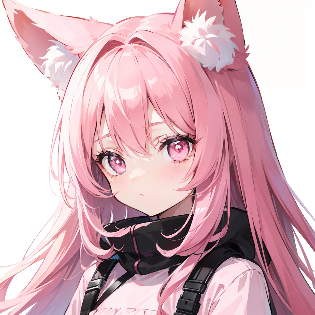 She wears long dark pink hair，Has dark pink fox ears，The face is relatively large，Black pupils，Wear a matching of pink and white clothes，It's a very cute little girl