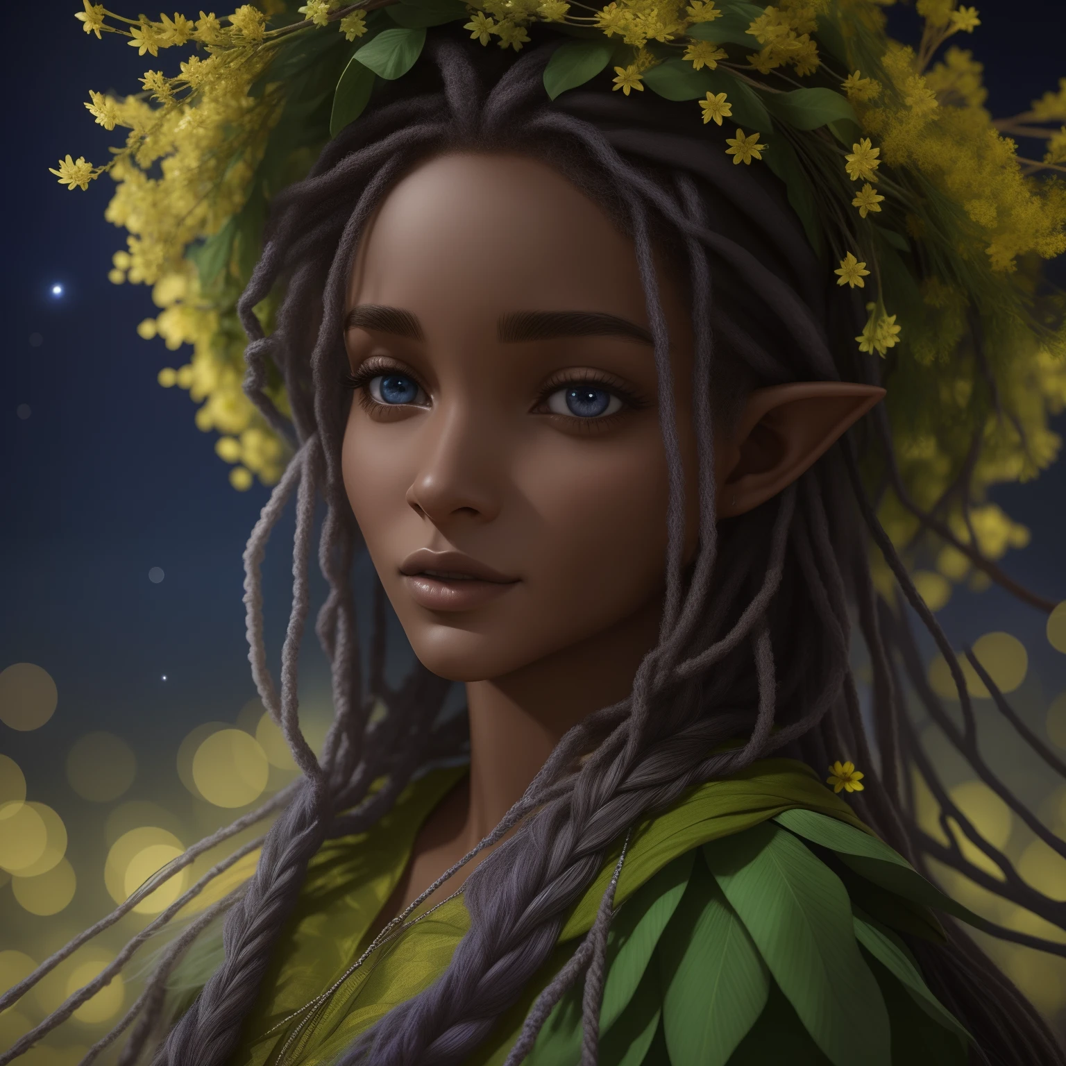 Elfo escuro bonito, cara bonita, corpo bonito, cabelos pretos, usando armadura, Cabo Verde, em uma floresta, at night, 8k, extremamente detalhado, ultra realistic
