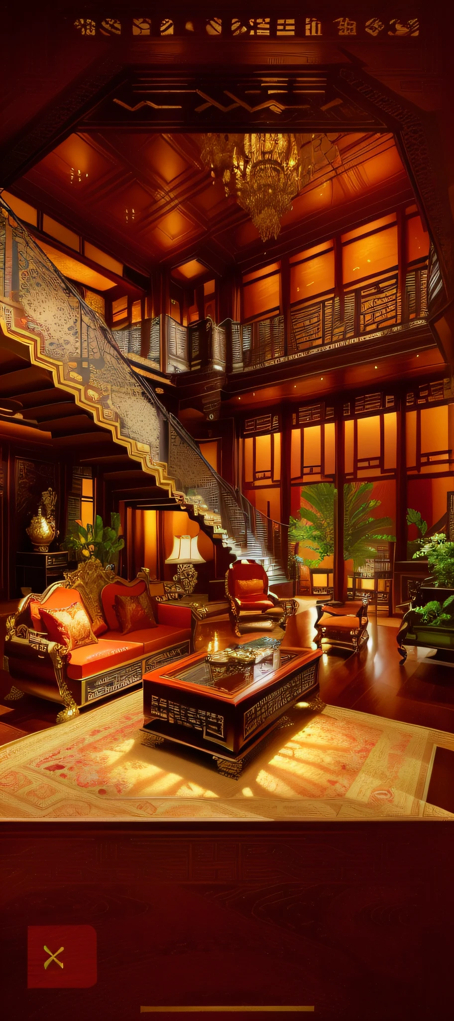View of Aalfid from the living room with stairs and sofa, peaceful wooden mansion, elegant and ornate, luxurious indoor setting, asian interior decoration, extremely opulent, luxurious environment, ornate and elegant, iintricate,opulent, with ancient chinese aesthetic, inside a grand, Grand staircase, lavishly decorated, highly ornate, Great masterpiece