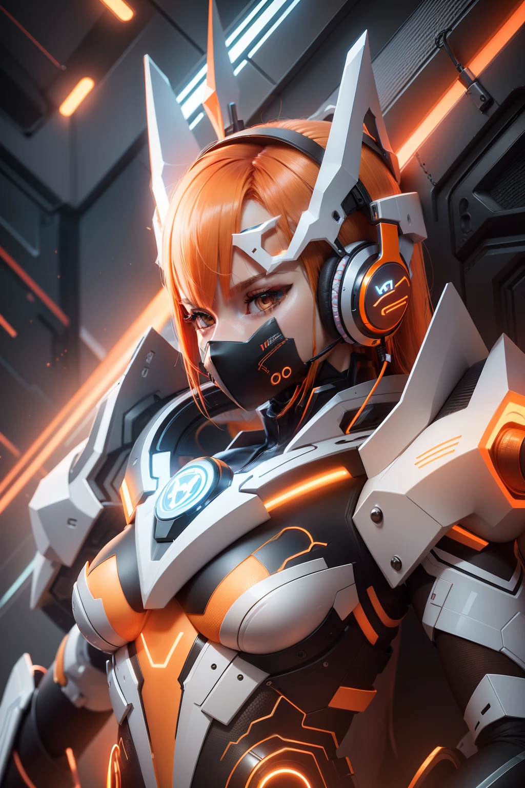 3d, background detail, body neon detail, headphones, female, slim body, cute face, beautiful face, crown, orange hair, orange neon body, complect detail, red neon body, blue neon body, yellow neon body, detail background, neon background, high detail, microphone, future mouth mask