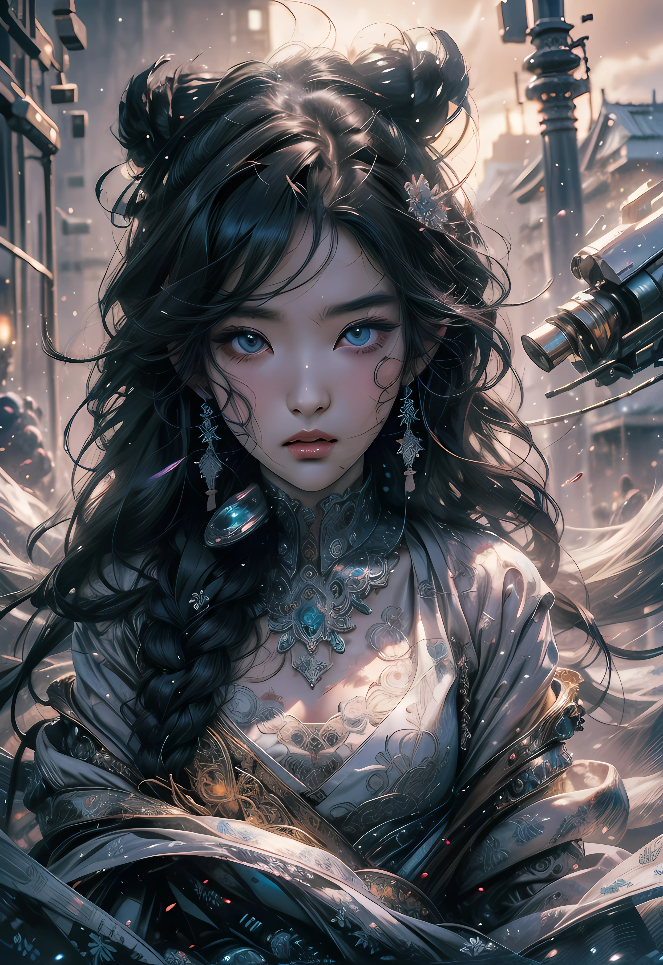 Shibuya、HATSUNEMIKU、(Ultra photo realsisim), (A illustration), (A high resolution), (8K), (highly detailed), (The best illustration), (Beautiful detailed eyes), (best qualityer), (Super detailed), (Master peace), (Wallpapers), (Detailed face), Solo、, 1 rapariga, Messy aristocratic attire、White hair, Iris heterochromatic eyes, small moles under eye, Medium chest, Long legs、Stunning composition、Braids、Beautiful and delicate legs