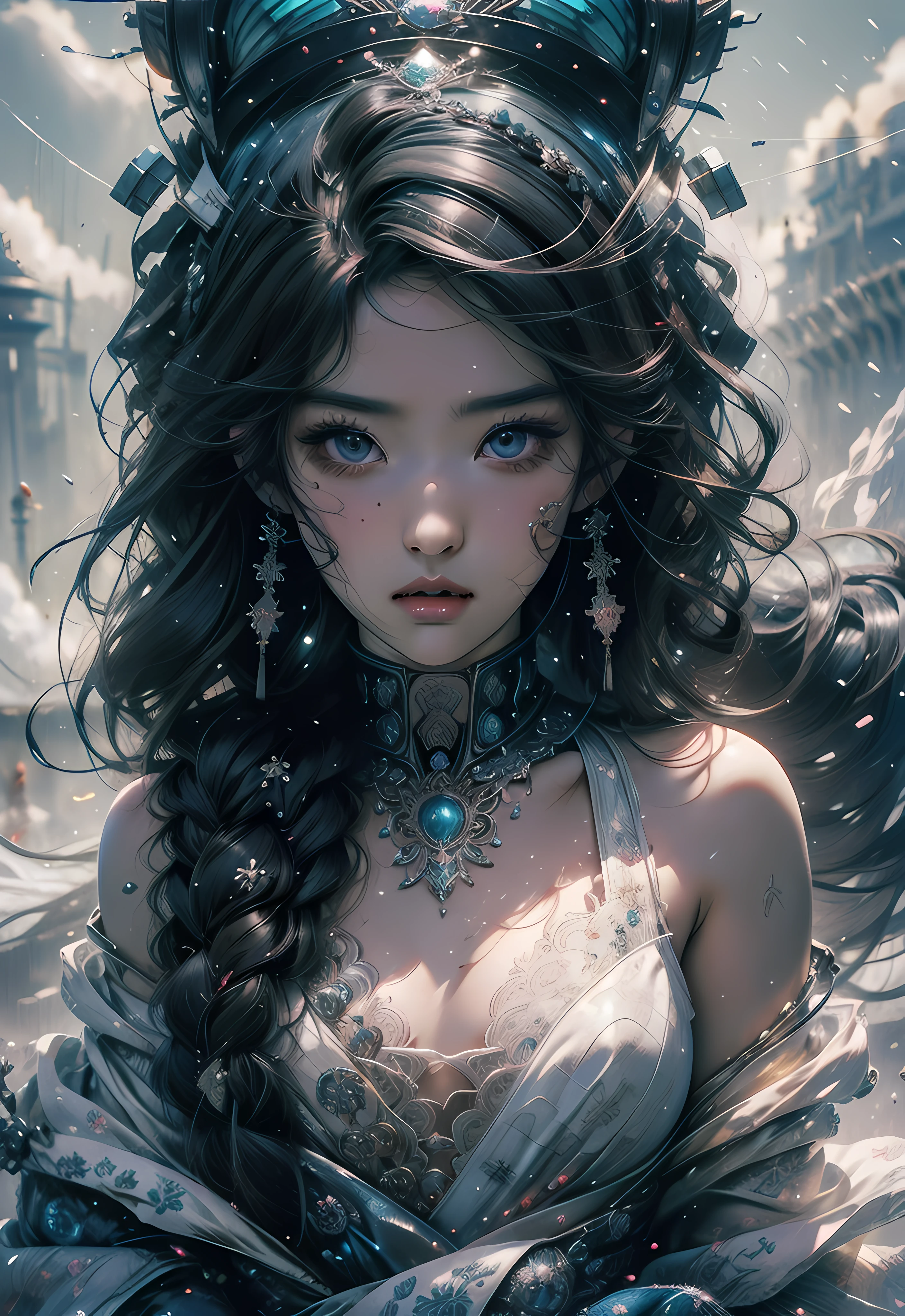 Shibuya、HATSUNEMIKU、(Ultra photo realsisim), (A illustration), (A high resolution), (8K), (highly detailed), (The best illustration), (Beautiful detailed eyes), (best qualityer), (Super detailed), (Master peace), (Wallpapers), (Detailed face), Solo、, 1 rapariga, Messy aristocratic attire、White hair, Iris heterochromatic eyes, small moles under eye, Medium chest, Long legs、Stunning composition、Braids、Beautiful and delicate legs