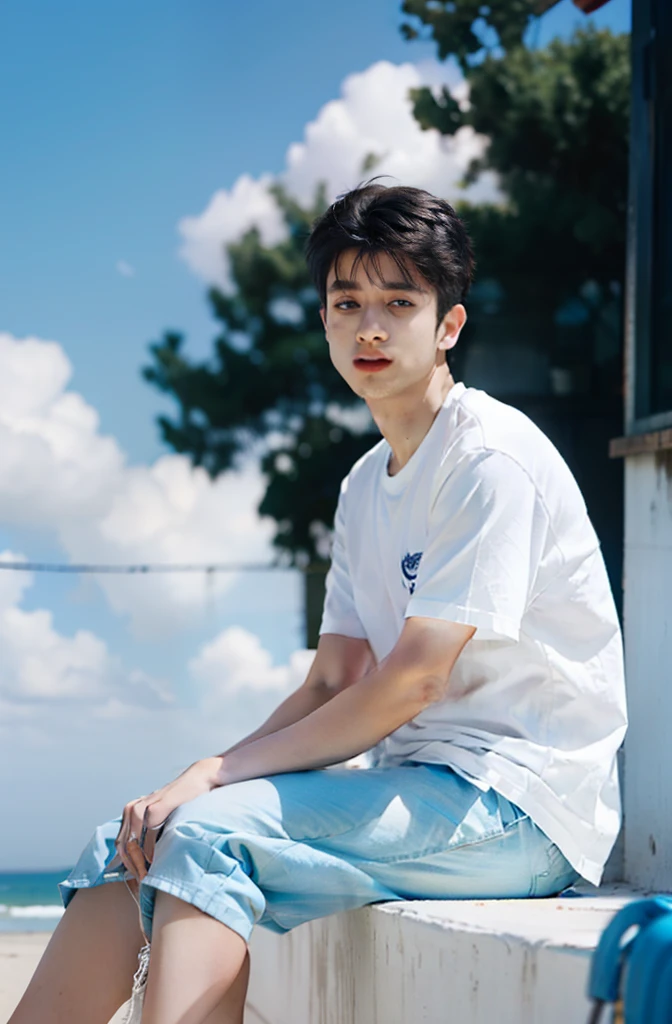 best qualtiy, 超高分辨率, (realisticlying:1.4), tmasterpiece, Kodak Portra 400, blur backgroun , near bed,1boys ,white skinned, white t - shirt, posing on a, looking at viewert , sface focus
