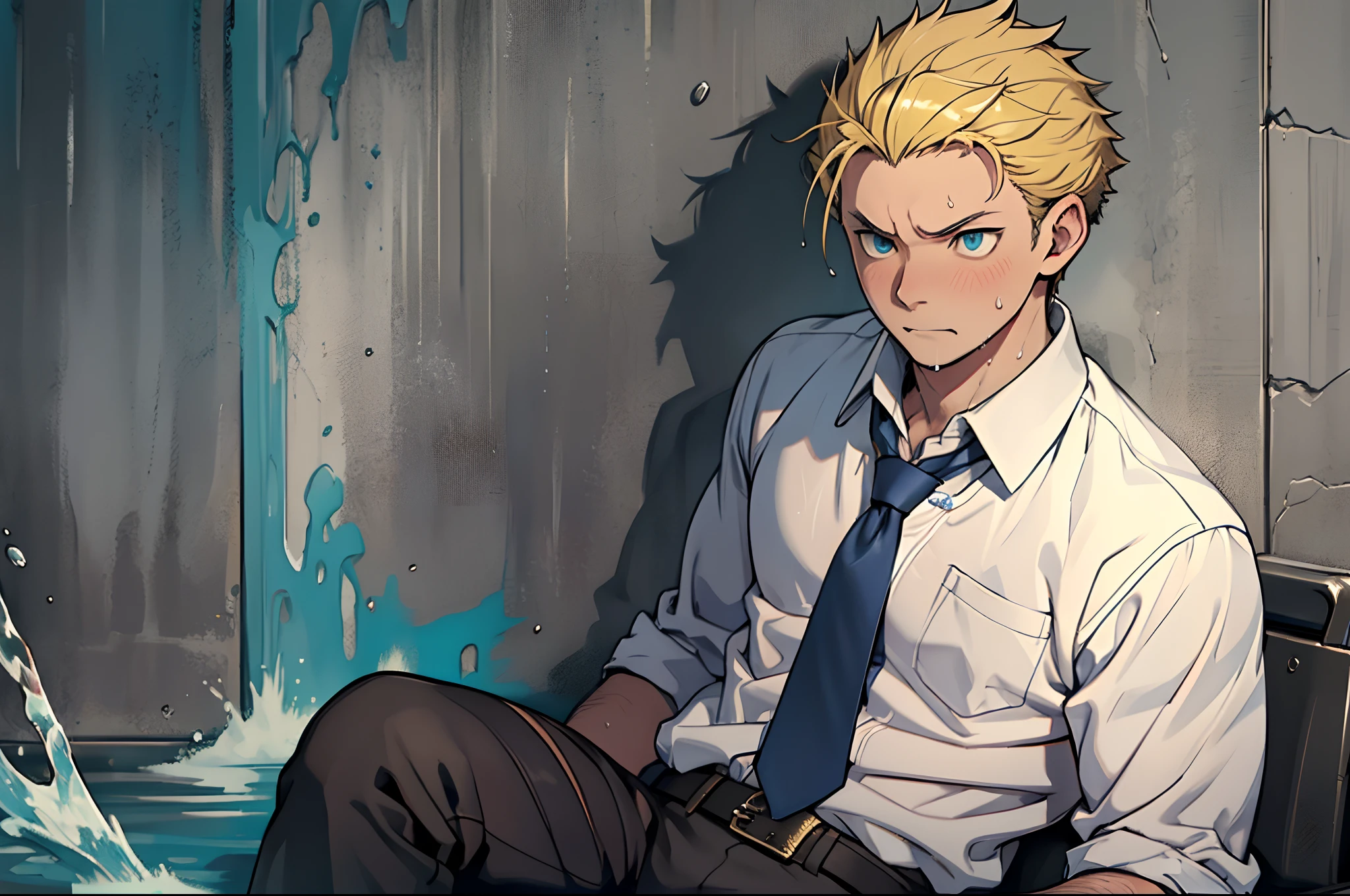 (1 Adult male),A high resolution, Sharp focus, Pixiv masterpiece, ((Complicated details)), highly detailed, natsuki_subaru, 1 man,perfect male figure,Urine on the trouser leg, Nervously bow your head,is shy,embarressed,exhilarated,is shocked,panicking,worry,A pool of urine formed around him,Very eager to pee,Unbearable,Wet yourself,Urine discharge,full bodyesbian,sit astride,Tired,decadent, blue color eyes(eyes glowing), Short yellow hair,white shirt,Wear a tie,Wear a belt,trousers,perspire,Drenched,Get wet,pissing,urine flows down the pants,look from down