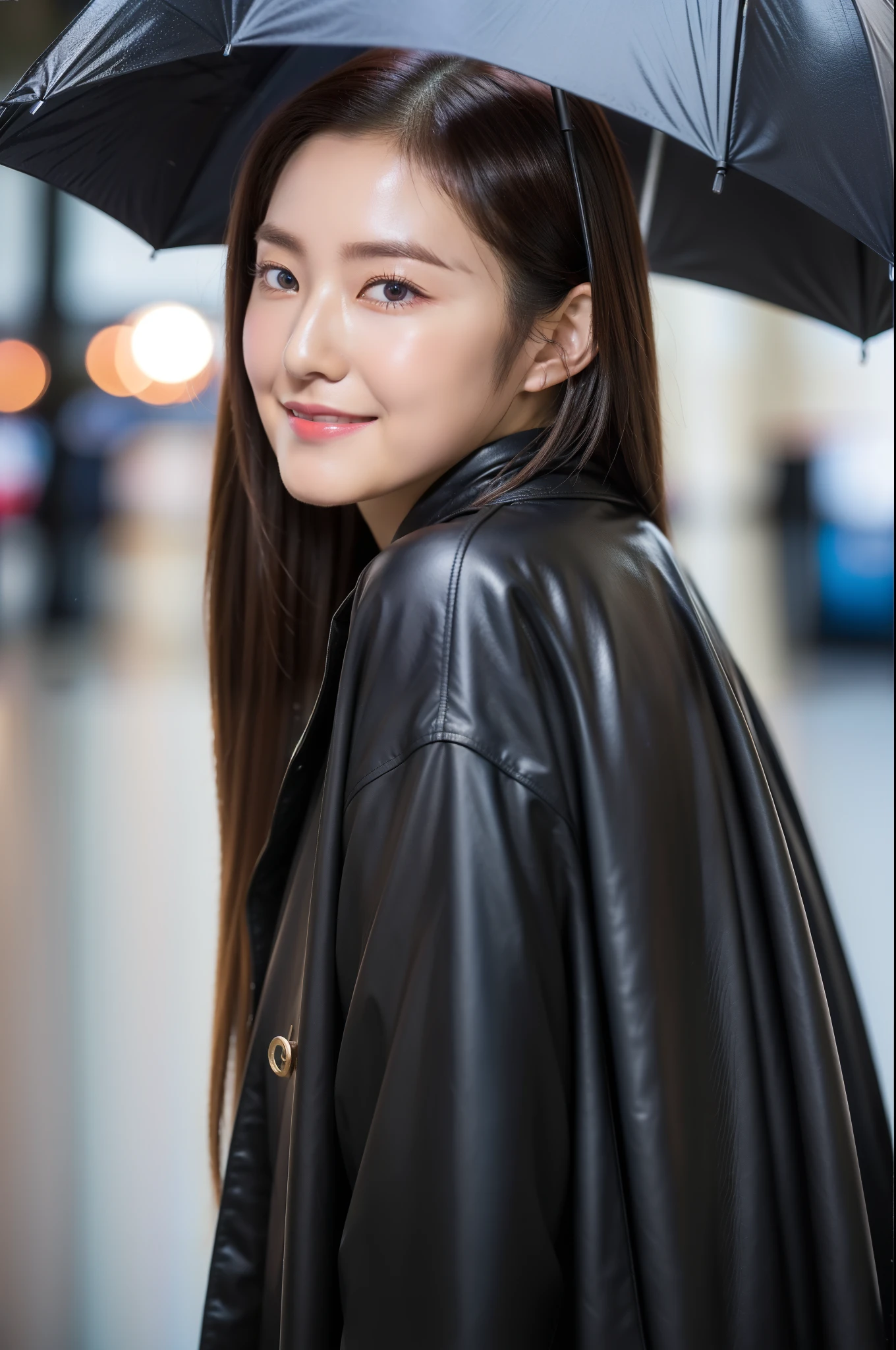 (top-quality、8K、32K、masterpiece、nffsw:1.2)、Photos of Japan women、One lady、holding umbrella、Slender figure、Brown hair color、Longhaire、FULL BODYSHOT、sface focus、dual、Smirking expression、a necklace、simple background、Khaki half coat、Leather diagonal bag、boots、Looking Back Pose、poneyTail、Dark blue umbrella、Rainy night、neon reflections、Meek look、