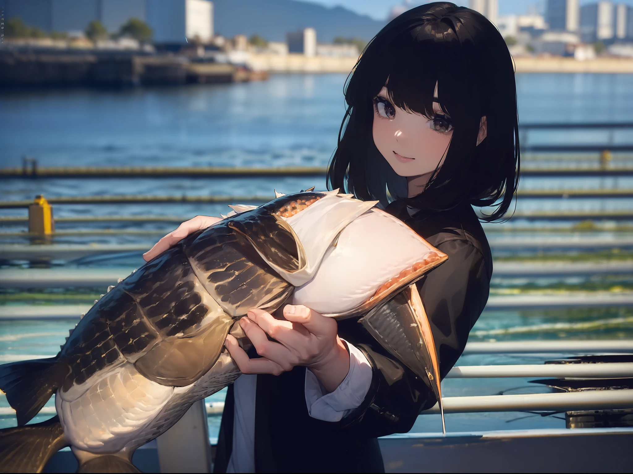 ((((Catch a big black bass by the lakeside:1.5)))),((1 Female 22 years old))((Best Quality, masterpiece :1.5)),(((Hands with the correct number and structure of fingers:1.4))),hight resolution,ultra-detailliert,​masterpiece,best qualtiy,,Black hair, long eyeslashes, Solid Circle Eyes, Smiling Woman, drop shadow, Atmospheric perspective,Super Detail, ccurate, small brest,(Black jacket :1.1),top-quality, blurry backround, bokeh dof:1.2, (​masterpiece:1.3),  Atmospheric perspective,Super Detail,dynamic compositions