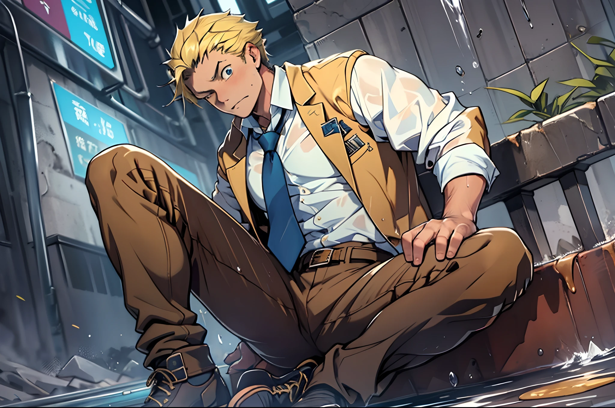 (1 Adult male),A high resolution, Sharp focus, Pixiv masterpiece, ((Complicated details)), highly detailed, natsuki_subaru, 1 man,perfect male figure,Urine on the trouser leg, Nervously bow your head,is shy,embarressed,exhilarated,is shocked,panicking,worry,A pool of urine formed around him,Very eager to pee,Unbearable,Wet yourself,Urine discharge,full bodyesbian,sit astride,Tired,decadent, blue color eyes(eyes glowing), Short yellow hair,white shirt,Wear a tie,Wear a belt,trousers,perspire,Drenched,Get wet,pissing,urine flows down the pants,look from down