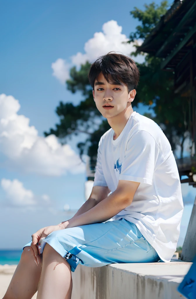 (masterpiece:1.2), (best quality:1.2), t-shirt ((color: white)), blue sky background, face ((4k quality; no Noise)) hair ((danish zehen; white))