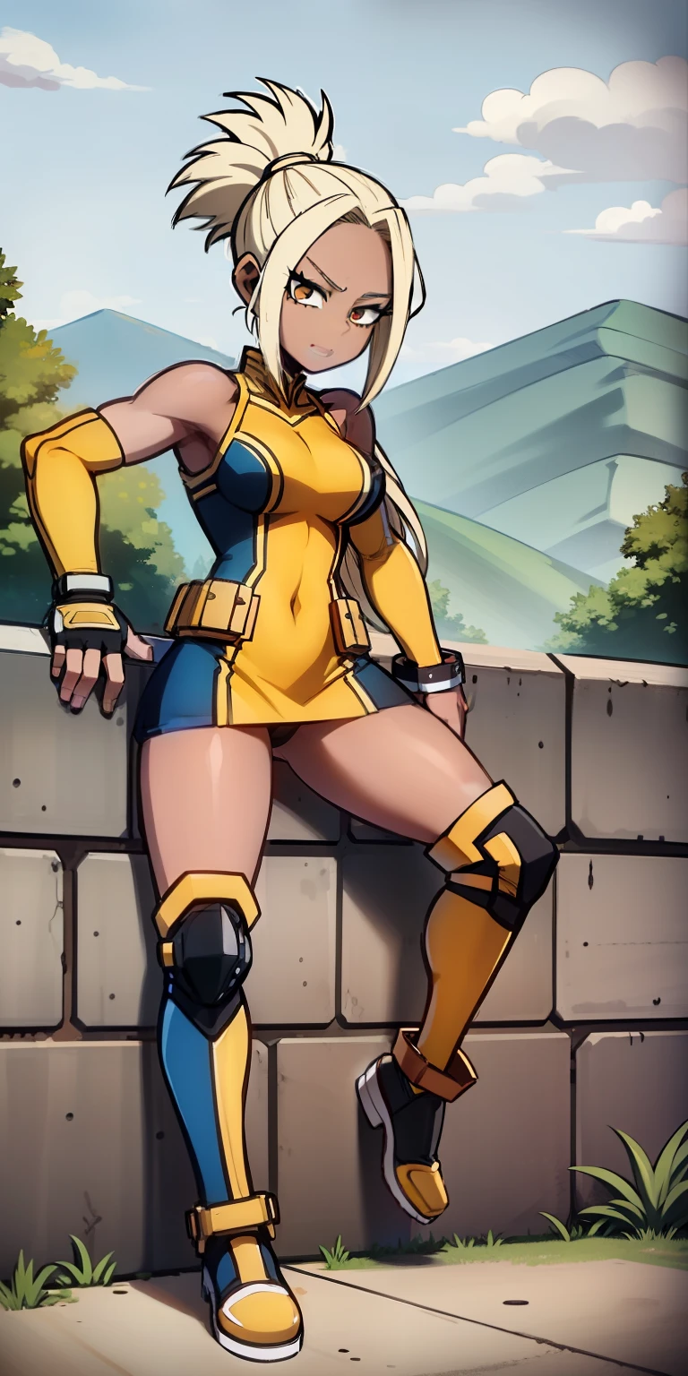 My hero academia style, girl, blonde Girl, long straight hair, anime girl, muscular female, trending on artstation pixiv, (full body shot:0.5), Perfect Anatomy, Super Detailed, brown skin, Dark-skinned female, wide hips, Large breast, wide thighs, tanned complexion, huge breasts, Cheetah Leotard, Cheetah ears, Cheetah tail, Gold Bracers, Gold Shin Guards, Black Knee Pads, Black Elbow Pads, Black Fingerless Gloves, seductive and joyful gaze.
