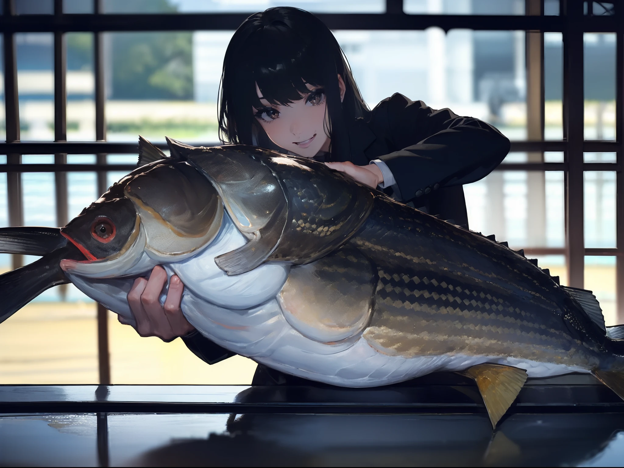 ((((Catch a big black bass by the lakeside:1.5)))),((1 Female 22 years old))((Best Quality, masterpiece :1.5)),(((Hands with the correct number and structure of fingers:1.4))),hight resolution,ultra-detailliert,masterpiece,best qualtiy,,Black hair, long eyeslashes, Solid Circle Eyes, Smiling Woman, drop shadow, Atmospheric perspective,Super Detail, ccurate, small brest,(Black jacket :1.1),top-quality, blurry backround, bokeh dof:1.2, (masterpiece:1.3), Atmospheric perspective,Super Detail,dynamic compositions