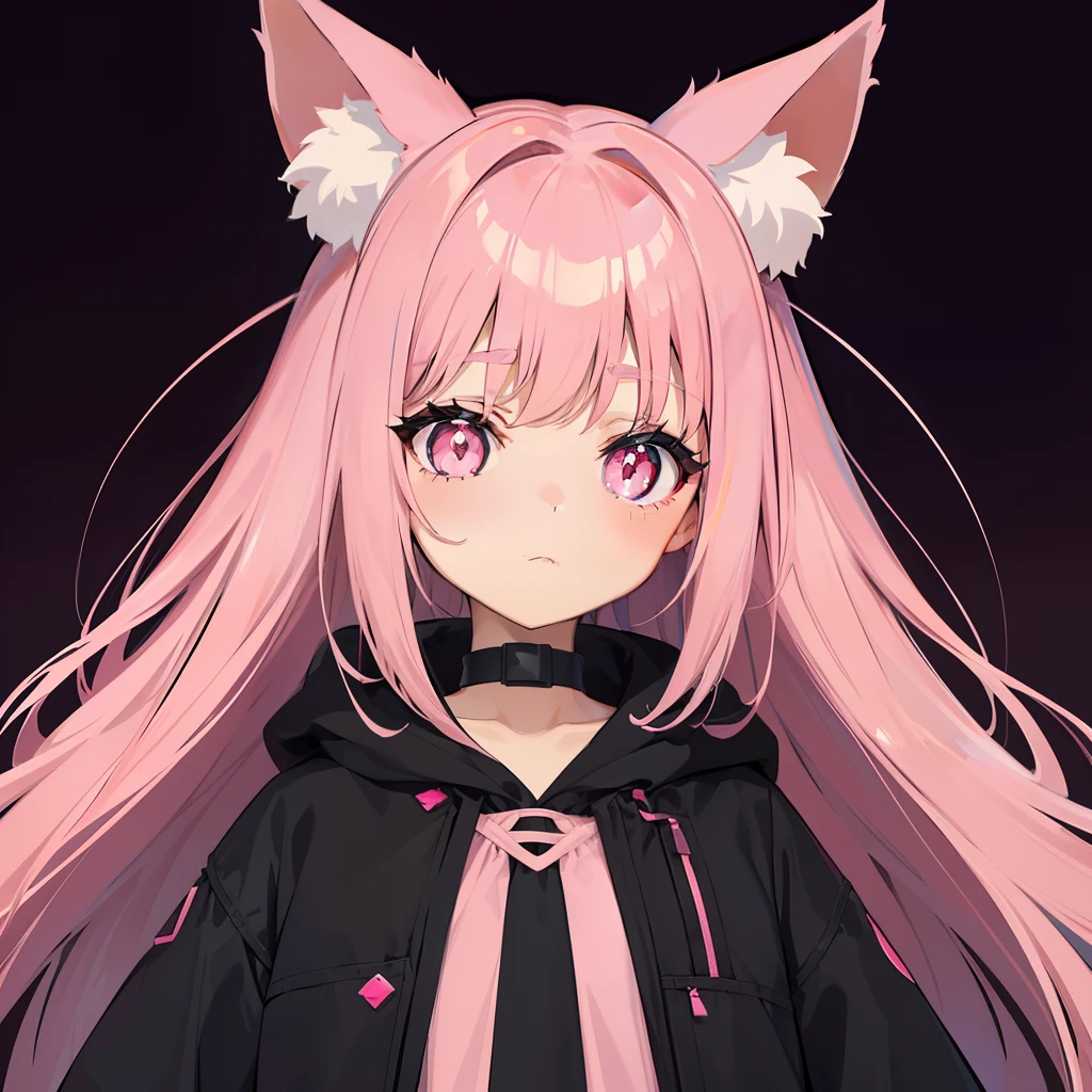 She wears long dark pink hair,Has dark pink fox ears,The face is relatively large,Black pupils,Wear a matching of pink and white clothes,It's a very cute girl