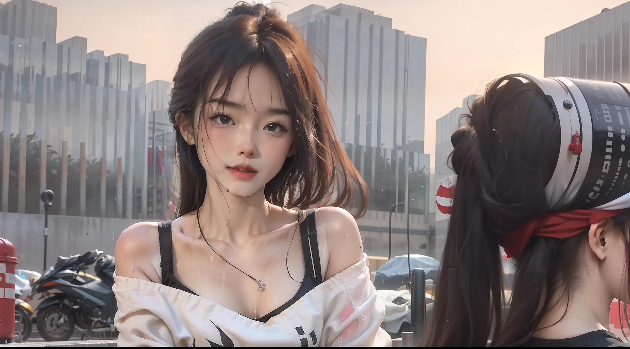 Best Picture Quality， tmasterpiece， 超高分辨率， （fidelity：1.4）， photore， 1 rapariga，[（grieves）]，Longwhiteshirt，Want the cylinder dim， darkly， be desperate， pitying， cute little， cinematic ligh， ， （wetclothes：1.4）， exposed bare shoulders，Bared legs， Real rain， Wet hair,exposed bare shoulders