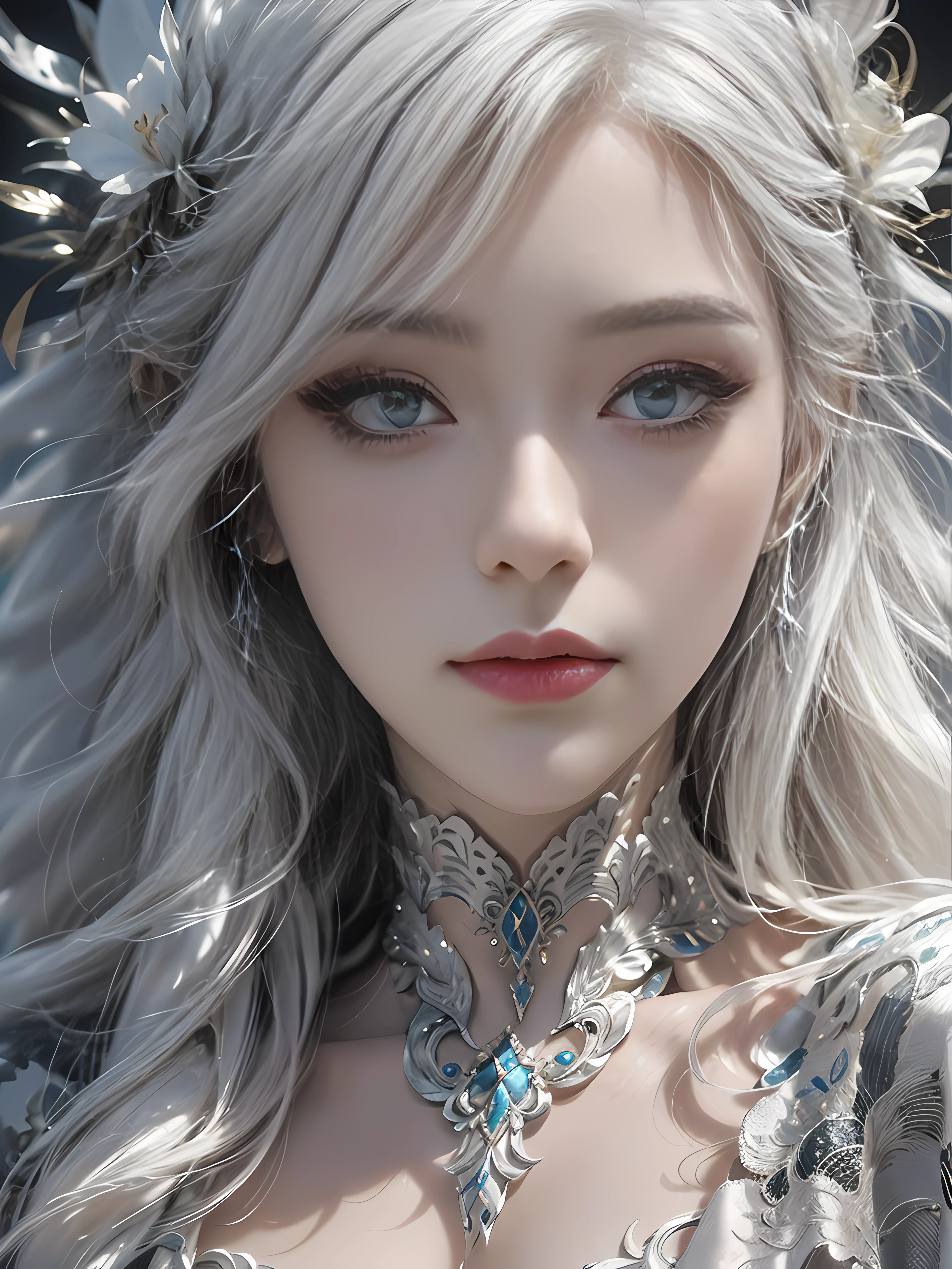 close-up of a woman with white hair and white mask,Belle peinture de personnage,the original god,Guviz-style artwork,White-haired god,Lynette,Epic and beautiful character art,Stunning character art,Lynette,