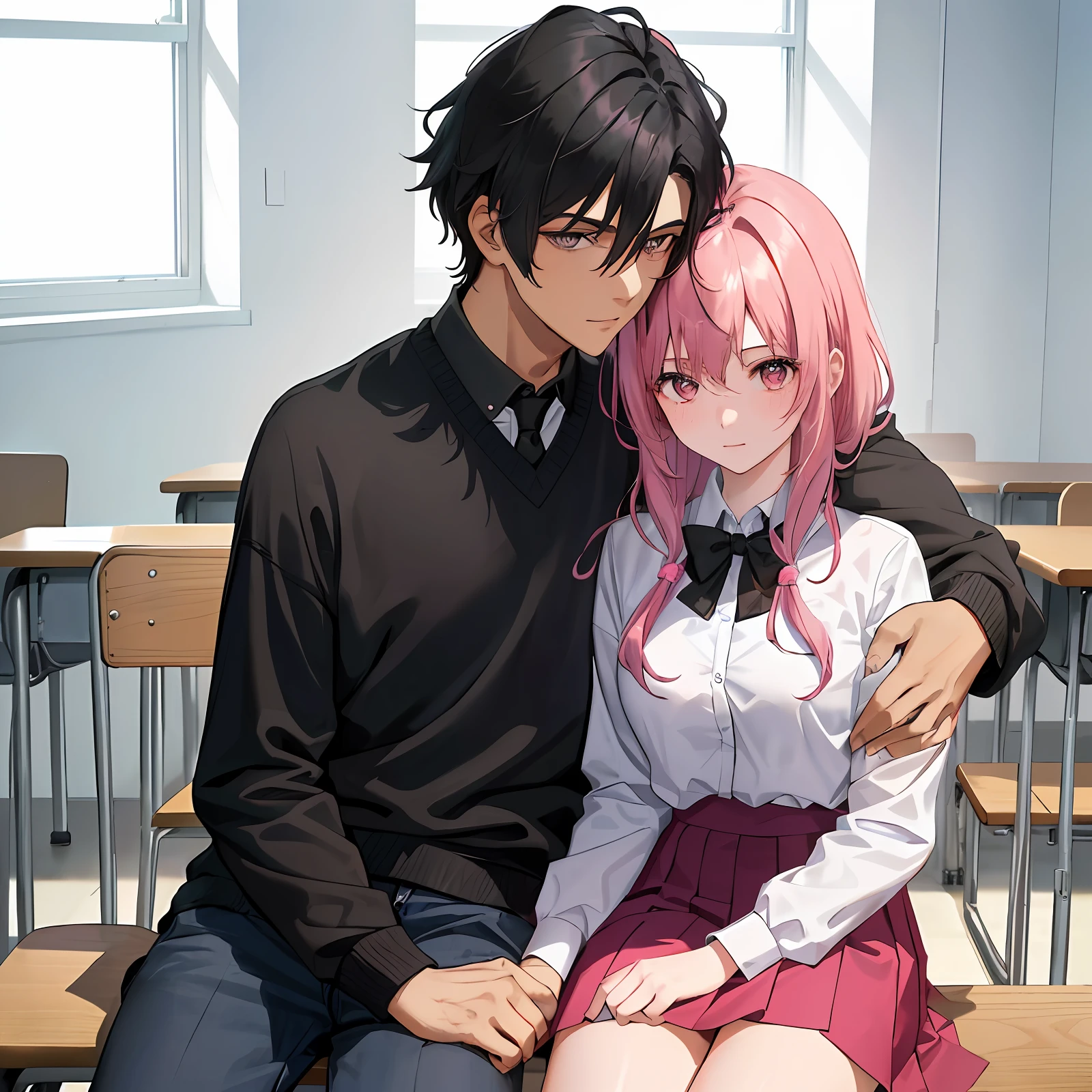 (A black-haired male student sitting in the classroom with his arms wrapped around the head of a pink-haired teacher: 1.8) (School setting: 1.9) (Student-teacher interaction: 1.7) (Flirtatious atmosphere: 1.8) (Controversial scene: 1.5)